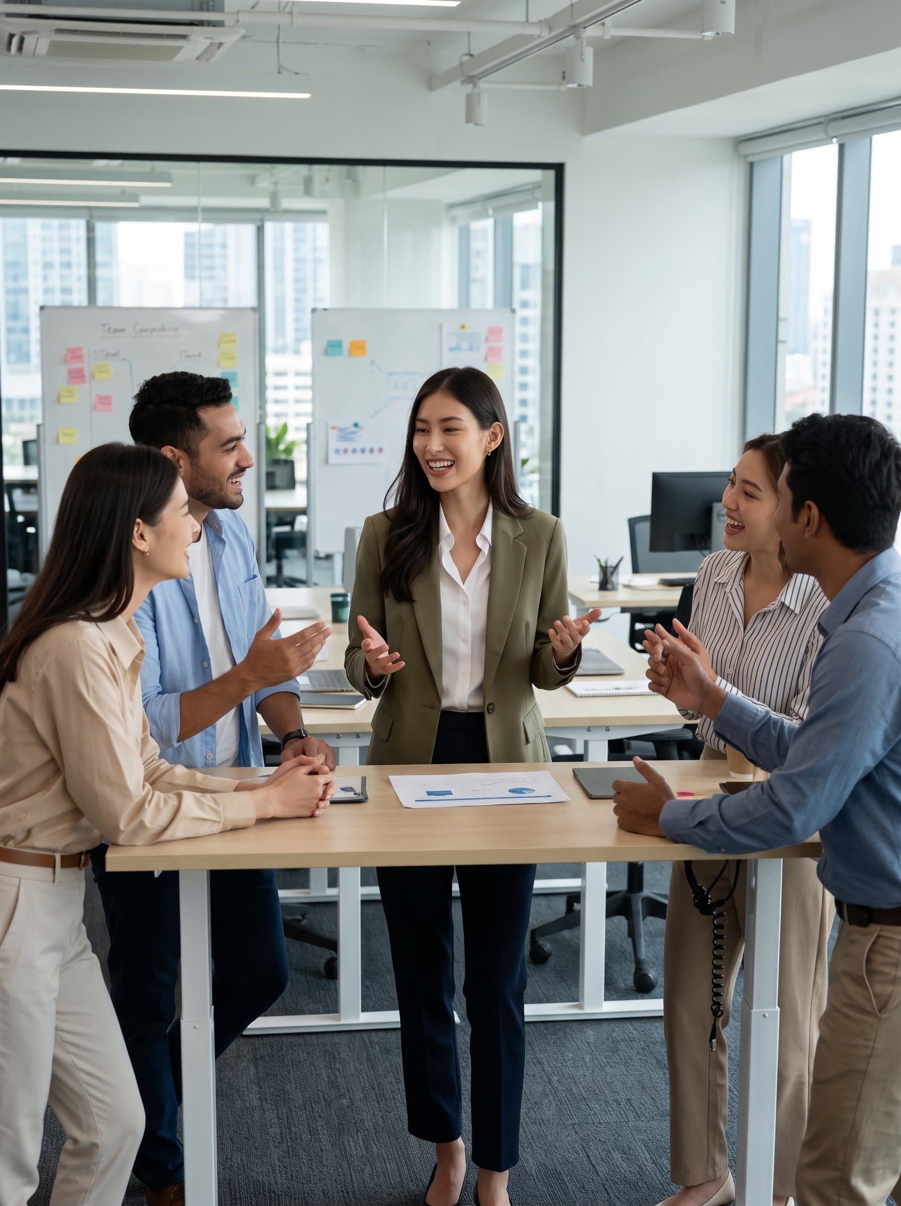 in an open-plan office, surrounded by team members discussing animatedly. They exude charisma and confidence, dressed in smart-casual attire that speaks to their role as an inspiring leader.