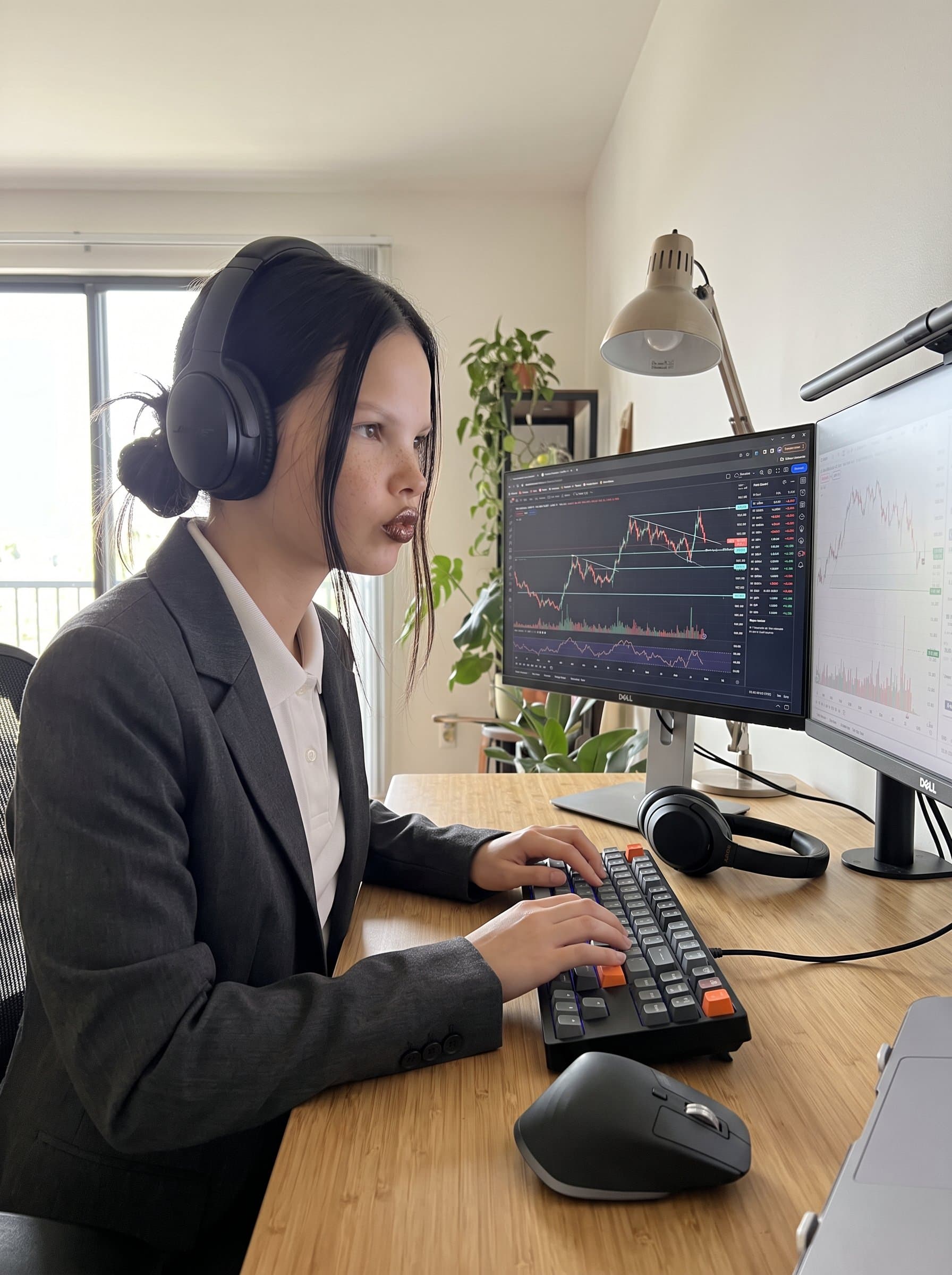 confidently working at a dual-monitor setup, intense focus on the screen. The space is sleek with tech accessories, and their attire suggests a seamless integration of casual and executive style.