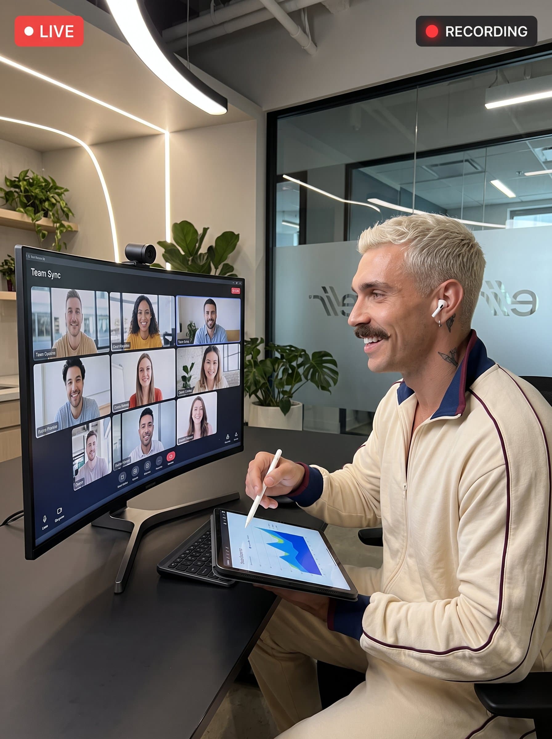 interacting with team members via a sleek video conferencing setup. Their attire is modern and unpretentious, enhancing the sense of a collaborative and forward-thinking leadership style.