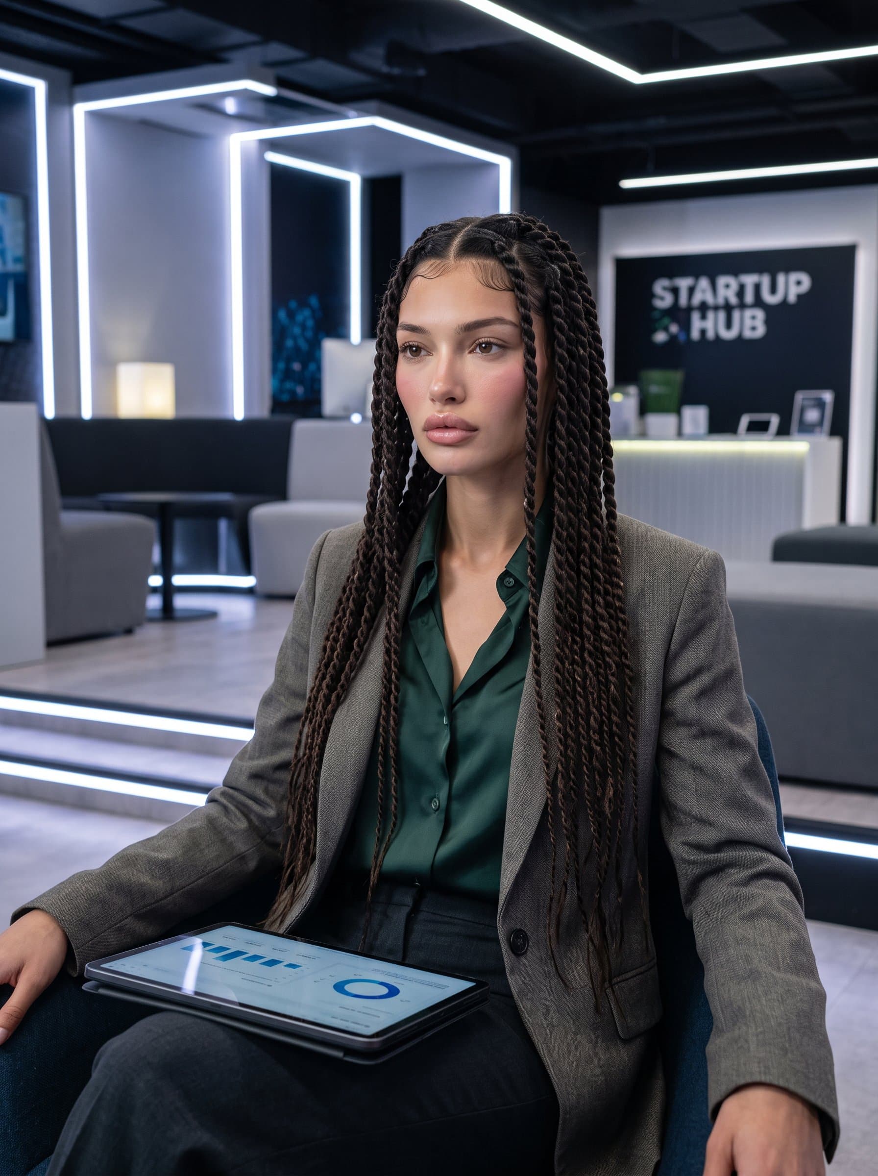 seated in a sophisticated tech-themed lounge area, a tablet on their lap. Their expression is thoughtful, and their smart-casual clothing hints at both comfort and a commitment to excellence.
