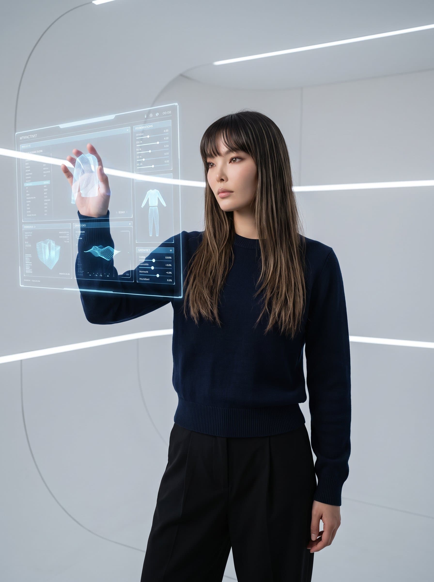 gazing thoughtfully at a holographic tech display, embodying futuristic innovation. The background is minimalist, and their attire merges comfort with sophistication, demonstrating an adaptable mindset.