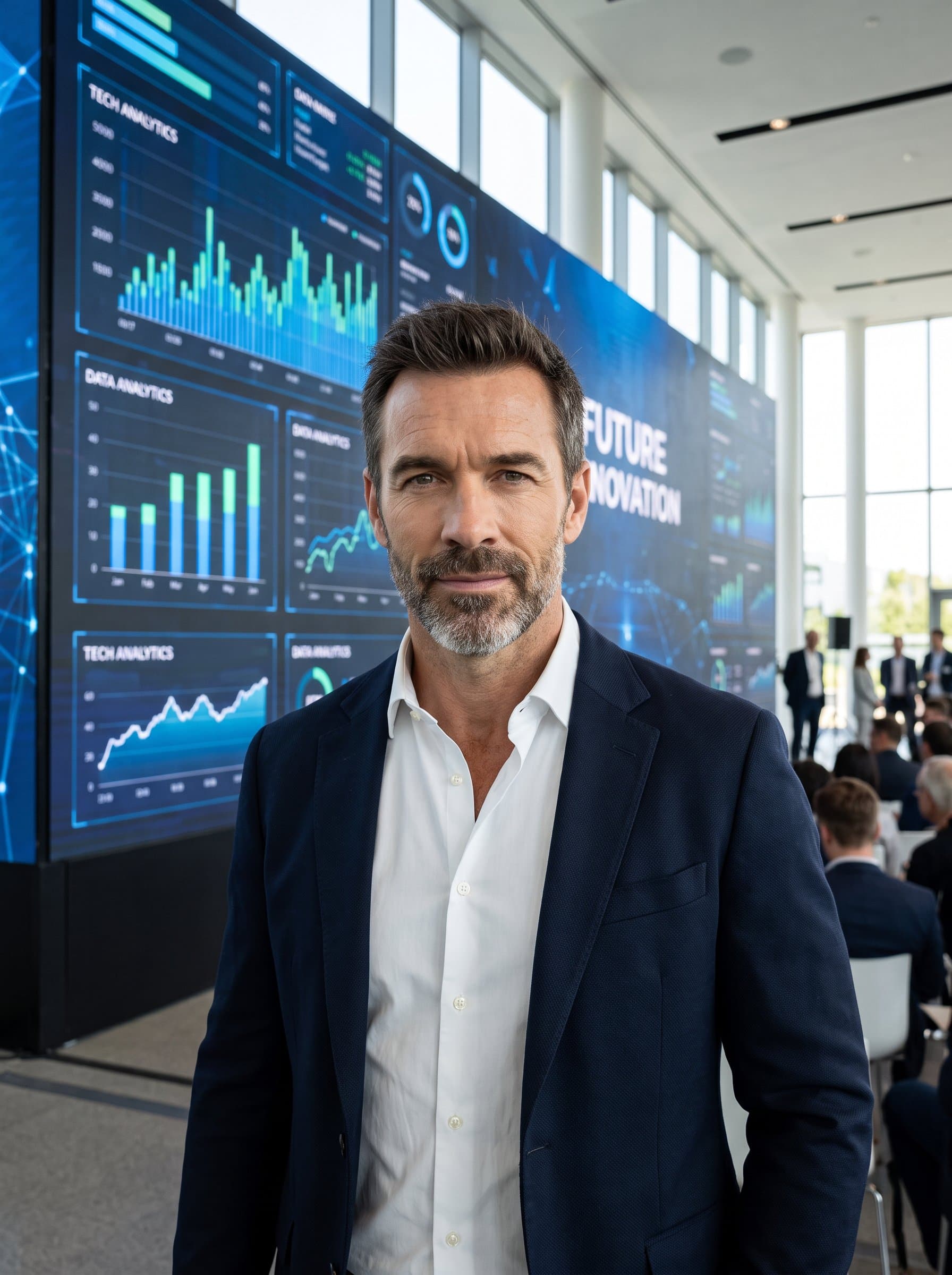 standing in front of a large digital display screen, projecting tech graphs. They wear a trendy business jacket and look confidently into the camera, embodying a forward-thinking entrepreneur.