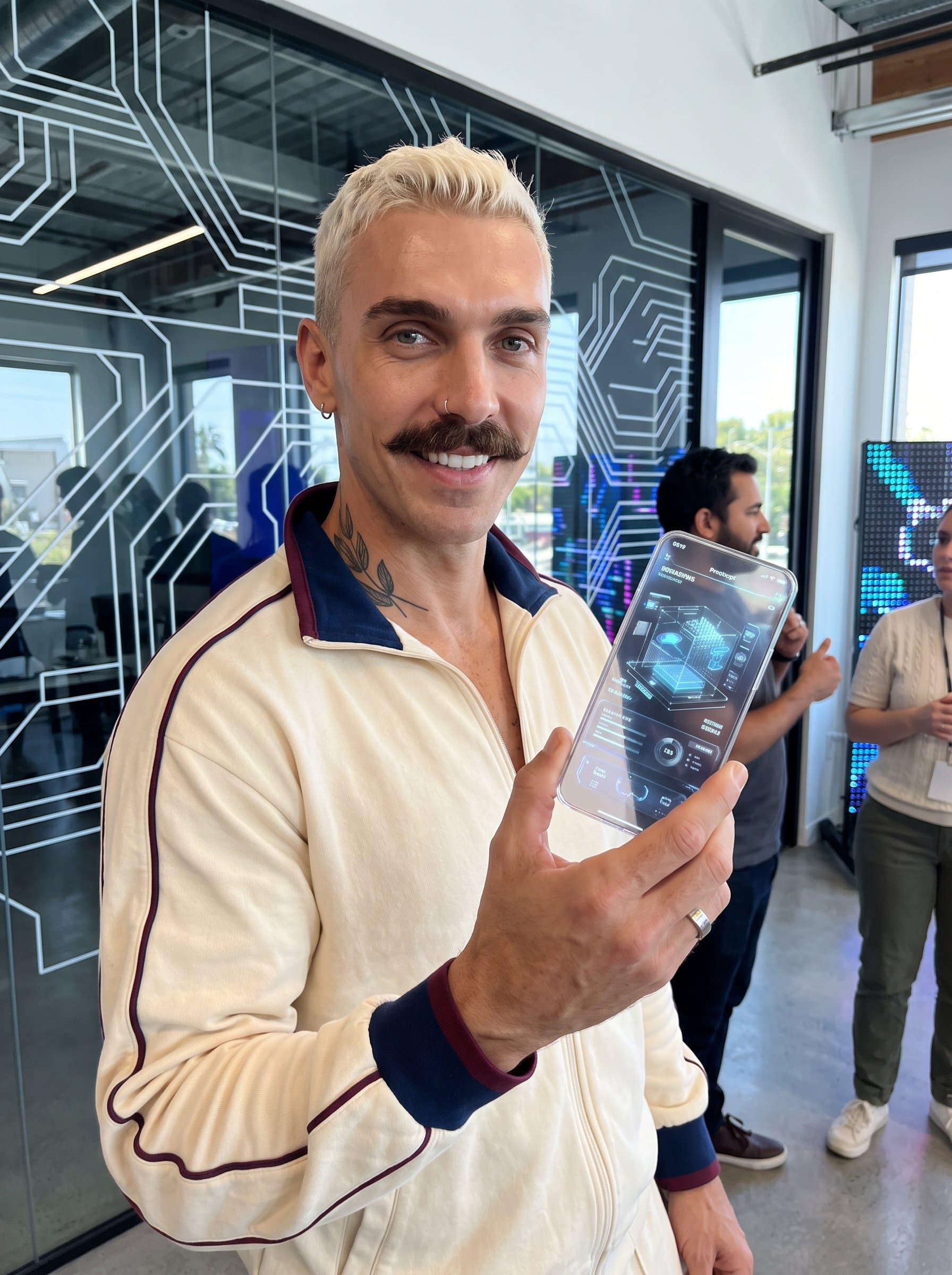 posing with a tech prototype in hand, symbolizing groundbreaking innovation. The attire is relaxed and trendy, complemented by a backdrop of abstract digital designs in a modern office setting.