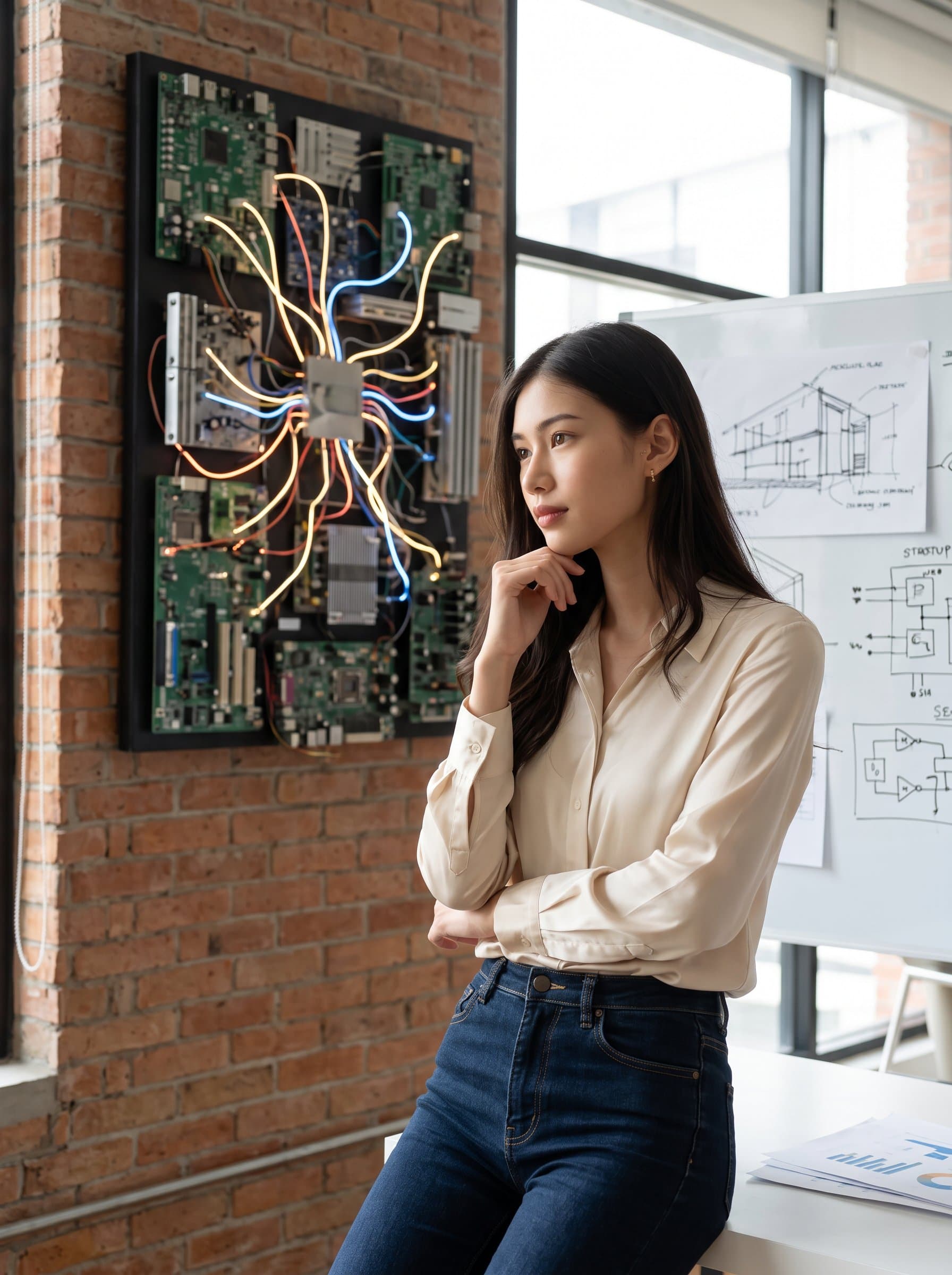 captured in a moment of reflective thought, a tech-themed art piece in the background. Their casual yet polished attire reflects a grounded yet visionary approach to their startup journey.
