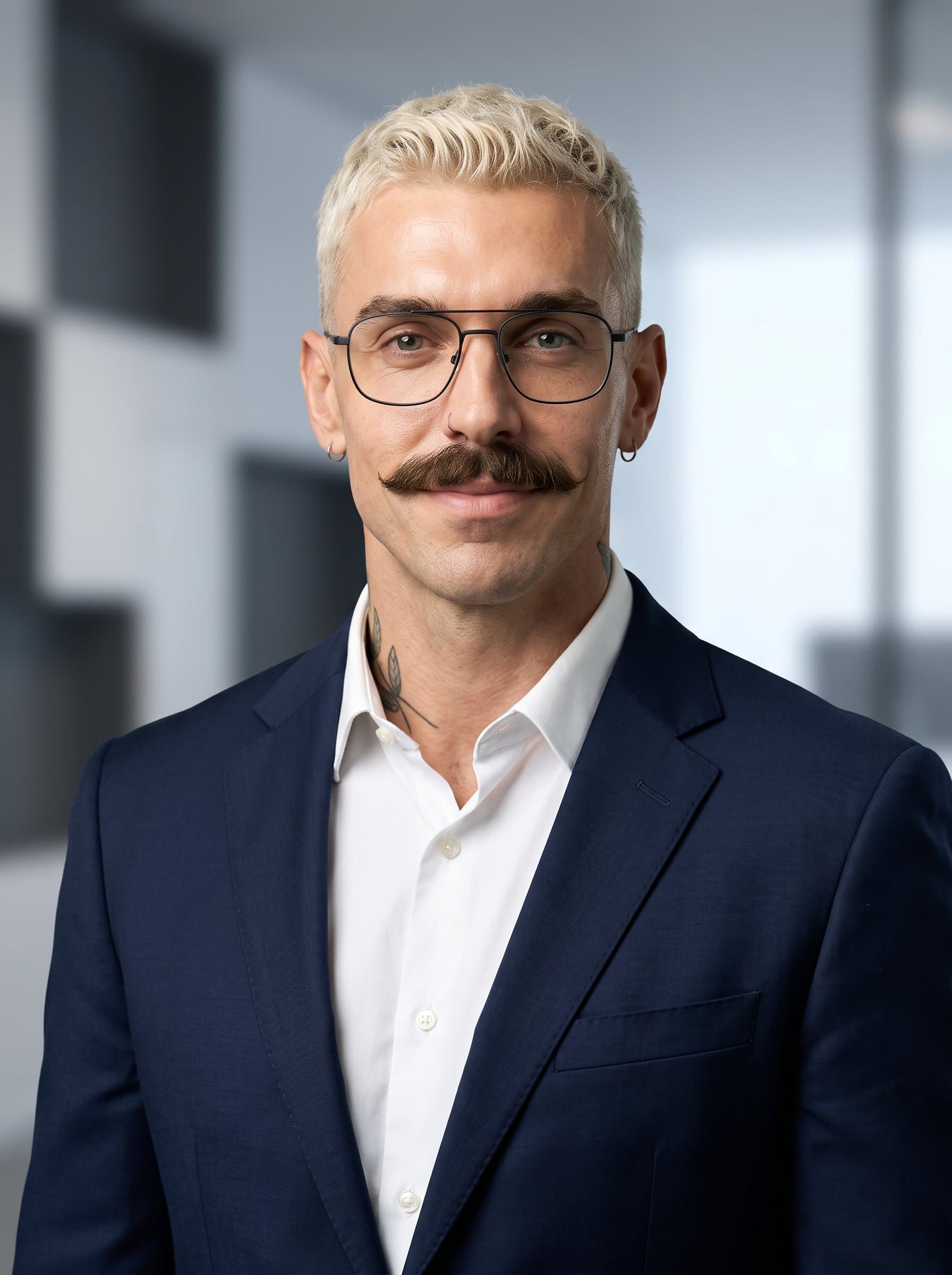 : Design a headshot featuring an authoritative tech leader with a subtle smile and modern eyewear, set against a sleek, minimalistic background for use on corporate websites.