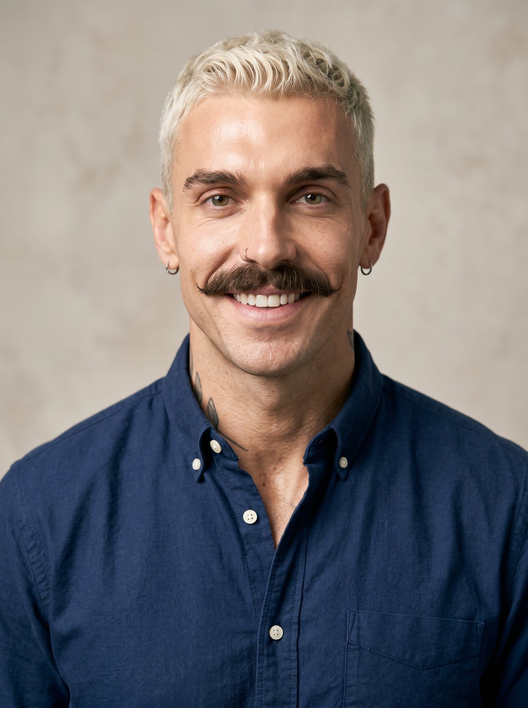 : Render a headshot of a tech consultant with a modern haircut, dressed in a collared shirt, set against a neutral backdrop, capturing a balance of professionalism and approachability.