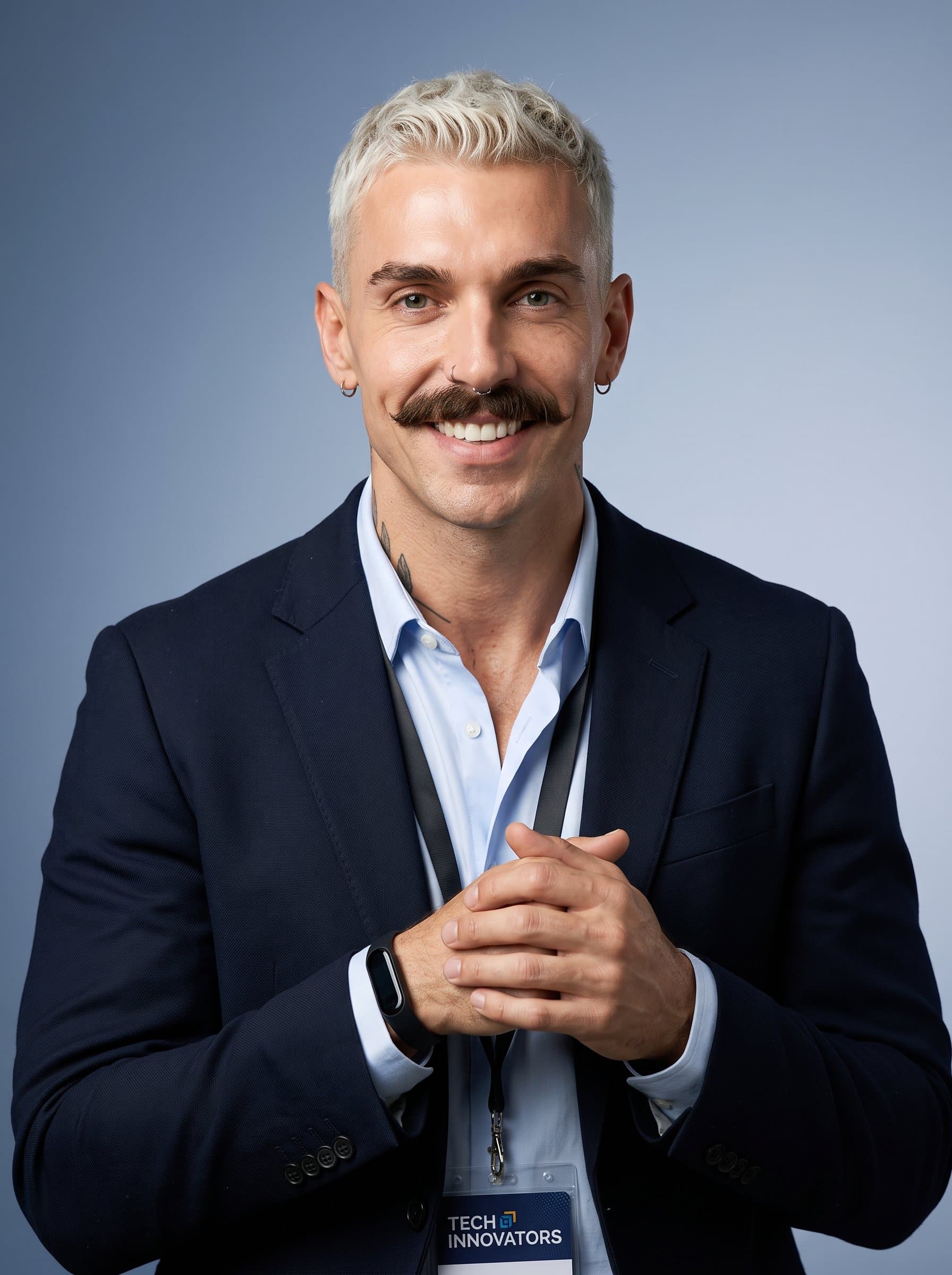 : Develop a professional headshot for a tech specialist, featuring tech-inspired accessories and a neat hairstyle, positioned against a gradient background for a contemporary corporate image.