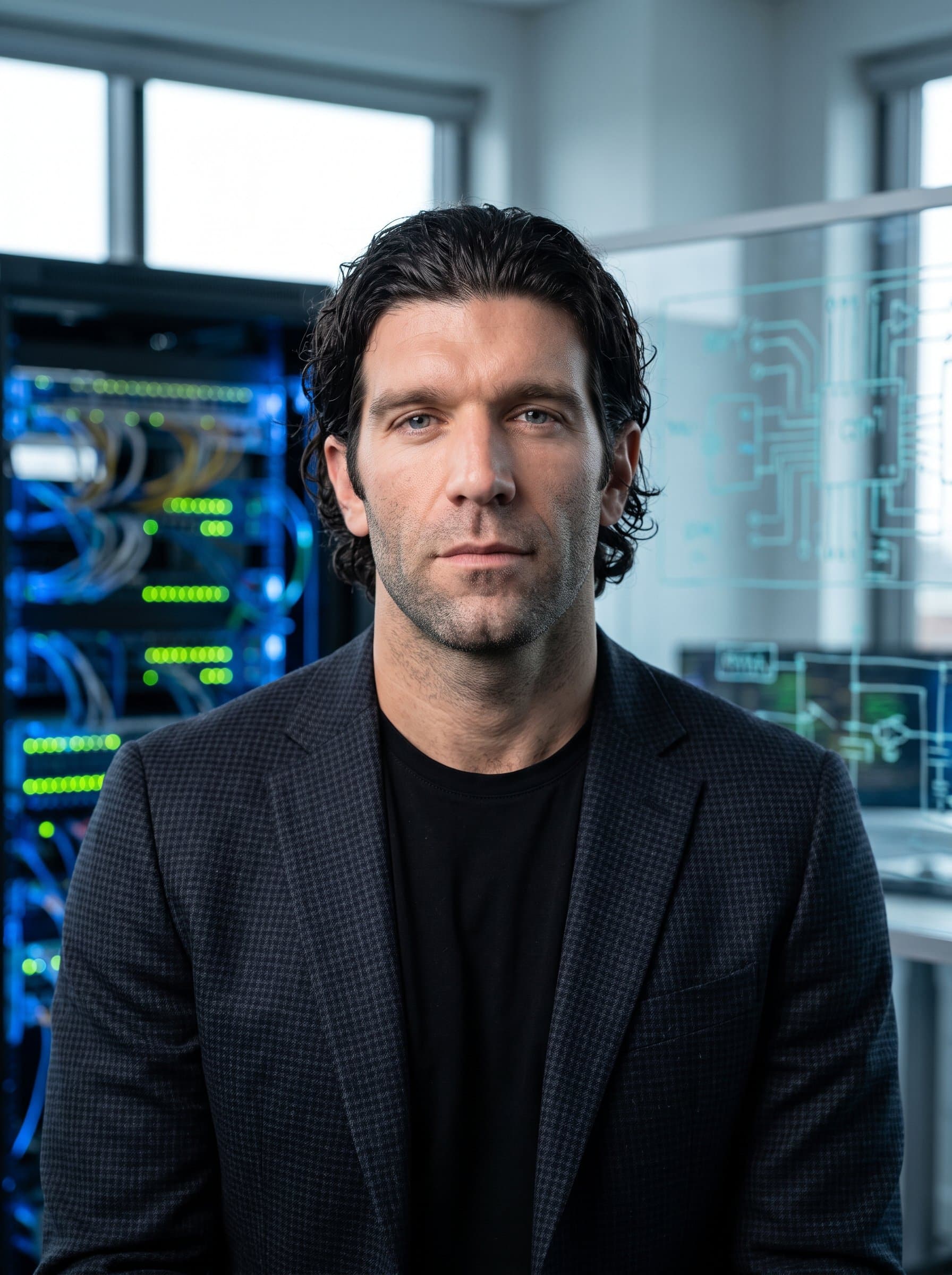 : Design a professional headshot for a tech engineer, showcasing a neutral expression with a background that hints at technological sophistication and cutting-edge innovation.