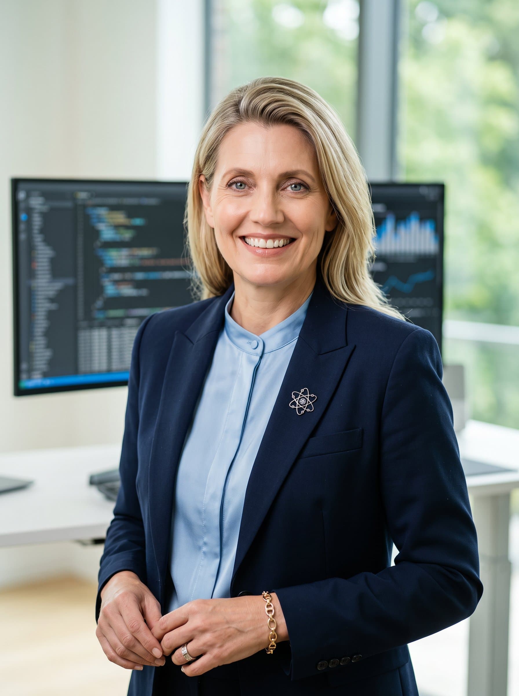 : Produce a professional AI headshot of a tech industry innovator with a warm, approachable demeanor and subtle tech-themed elements, perfect for building a professional online presence.