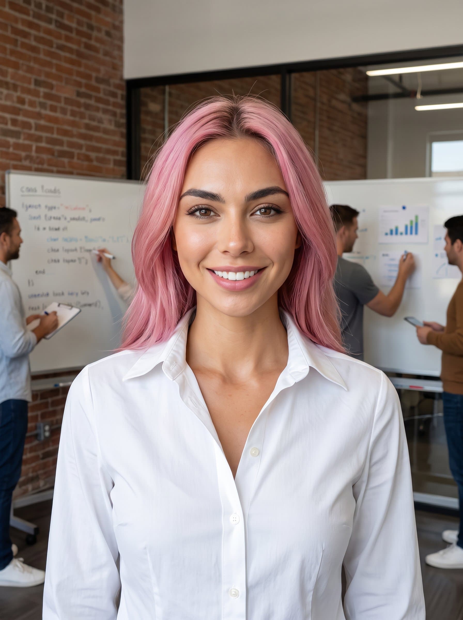 : Generate a photorealistic headshot capturing a tech executive with an open collar shirt, looking directly at the camera to convey transparency and leadership in a modern tech environment.