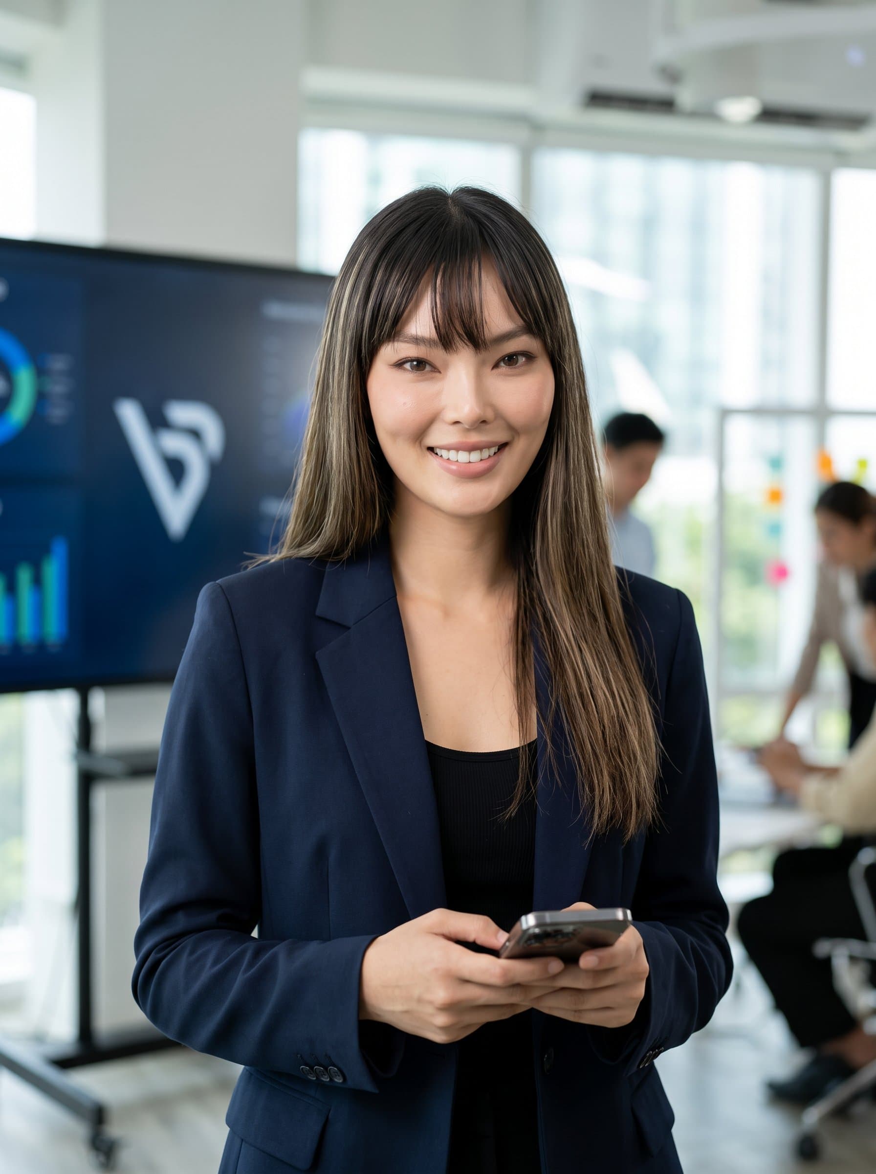 : Design a headshot showcasing a tech product manager in a modern setting with a friendly yet assertive expression, capturing the essence of digital leadership.