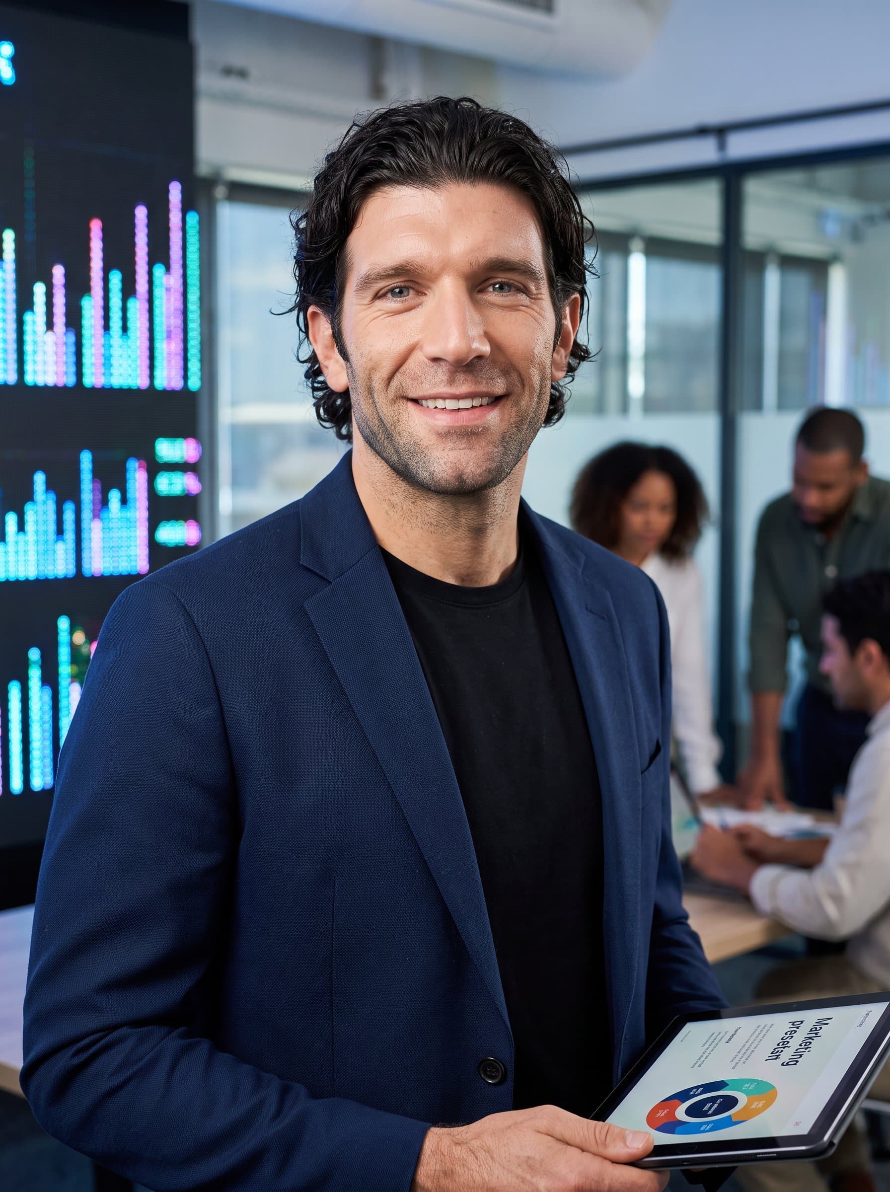 : Develop a polished headshot for a tech marketing specialist, highlighting their communicative skills with a personable expression, set against a clean, tech-themed background.