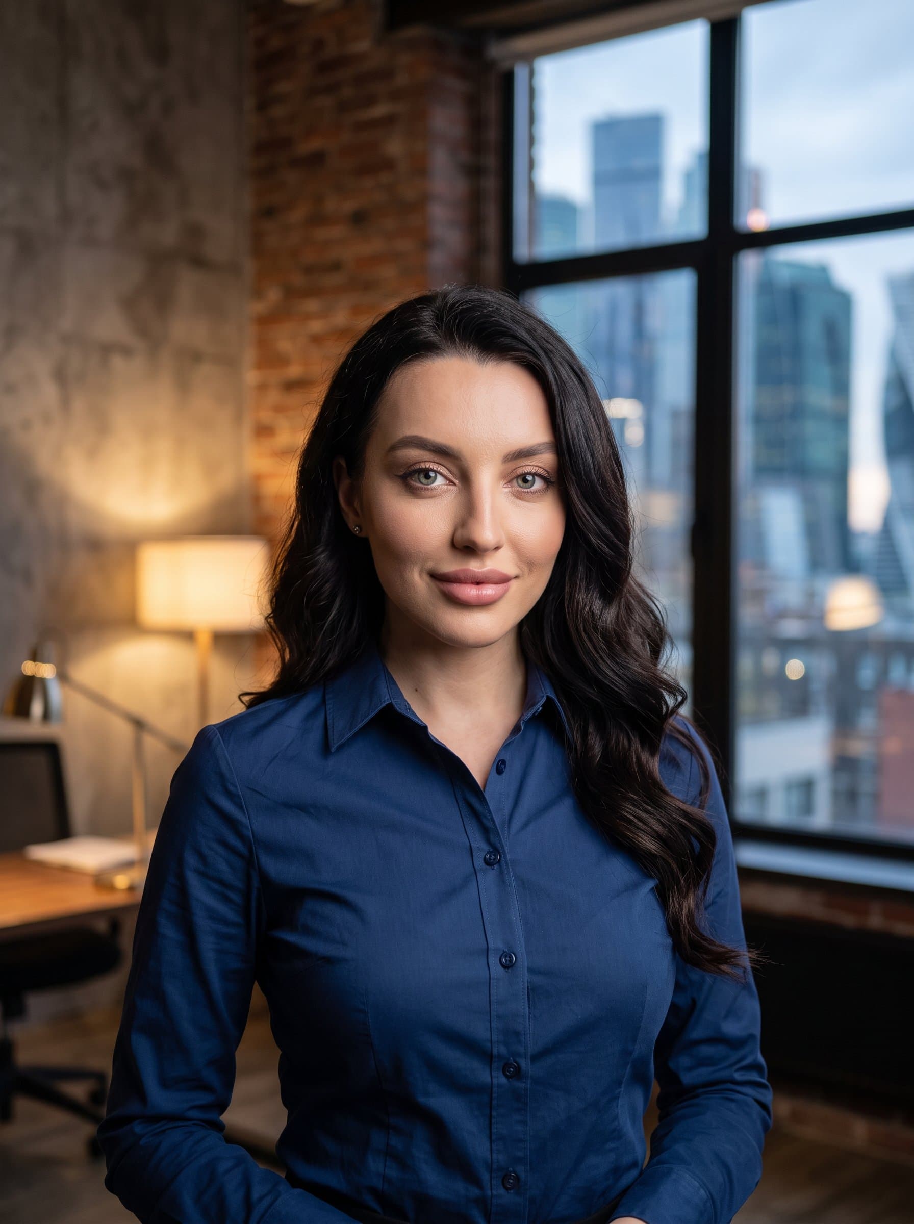 : Render a headshot of a tech manager with a slight smile, dressed in a sleek dress shirt, set against a textured background that conveys depth and modernity.
