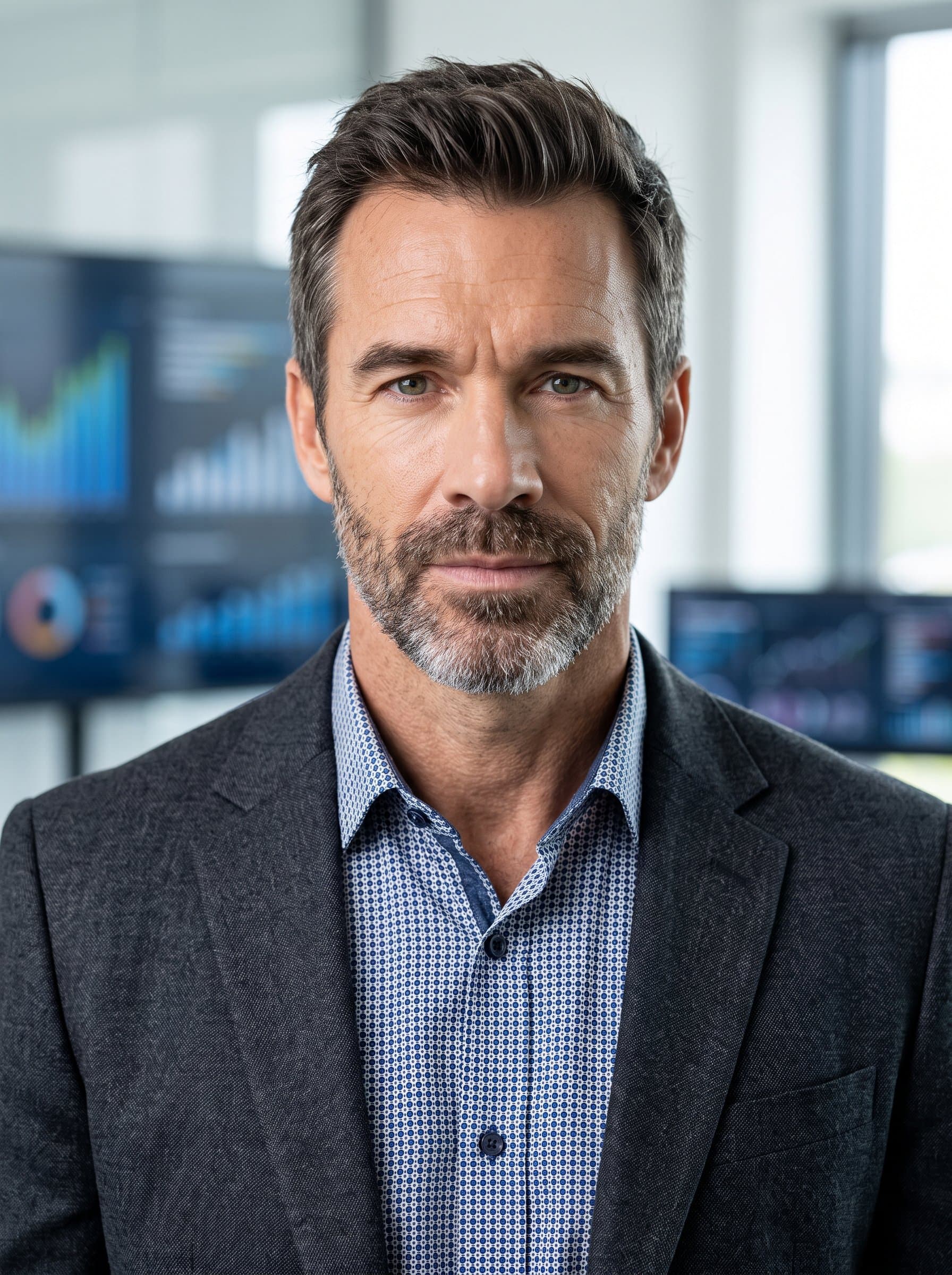 : Create a headshot of a tech strategist wearing business casual attire, with an expression that exudes focus and clarity, ideal for corporate branding and digital presence.