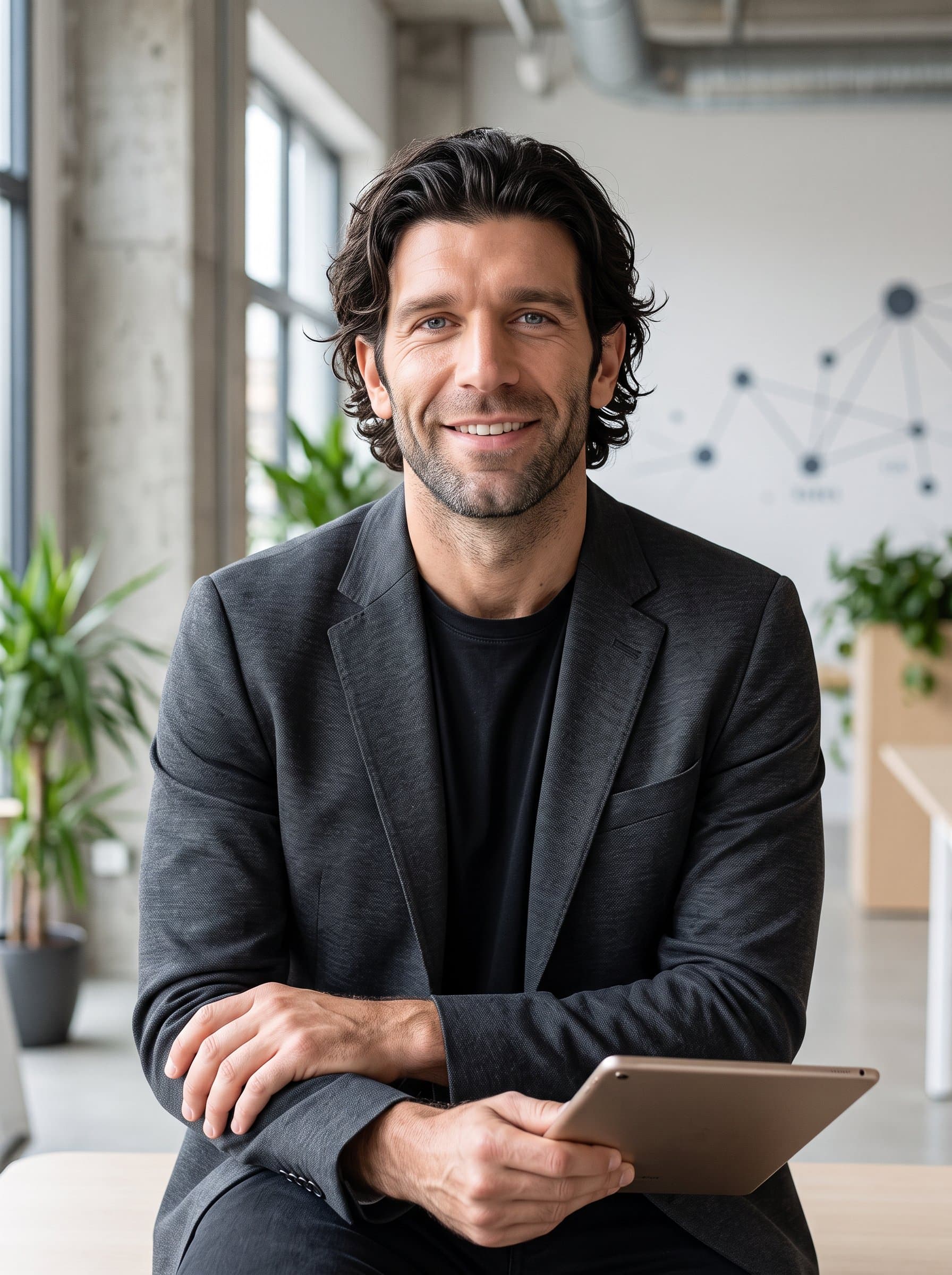 : Produce an AI-generated headshot of a tech advisor in a modern, minimalist setting, with a relaxed yet professional demeanor that fits the evolving digital landscape.