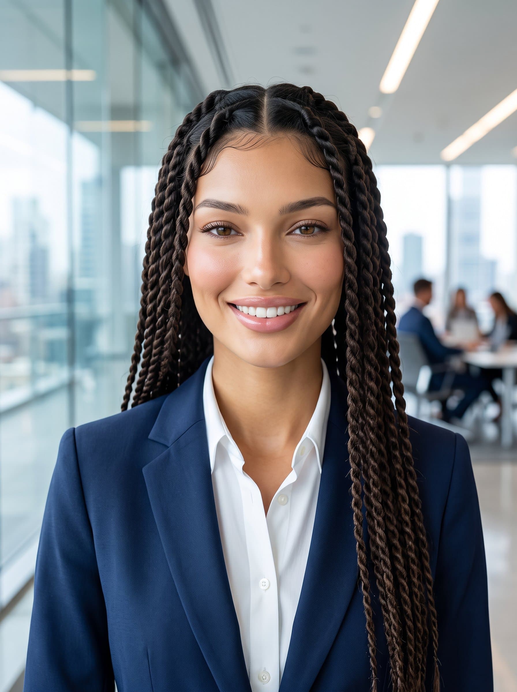 : Create an AI headshot for a tech consultant, featuring clean lines and a sharp focus on their eyes, set in a well-lit environment to highlight their expertise.