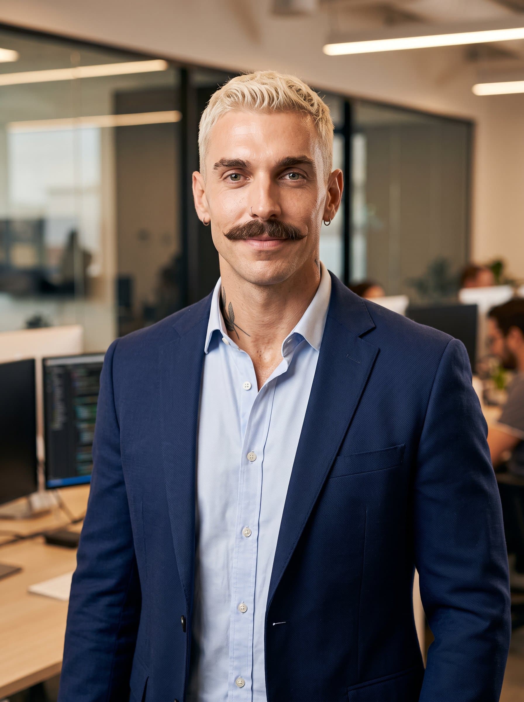 : Compose a professional headshot of a tech architect, wearing a smart jacket, with a confident and insightful expression, ideal for showcasing expertise on a corporate website.