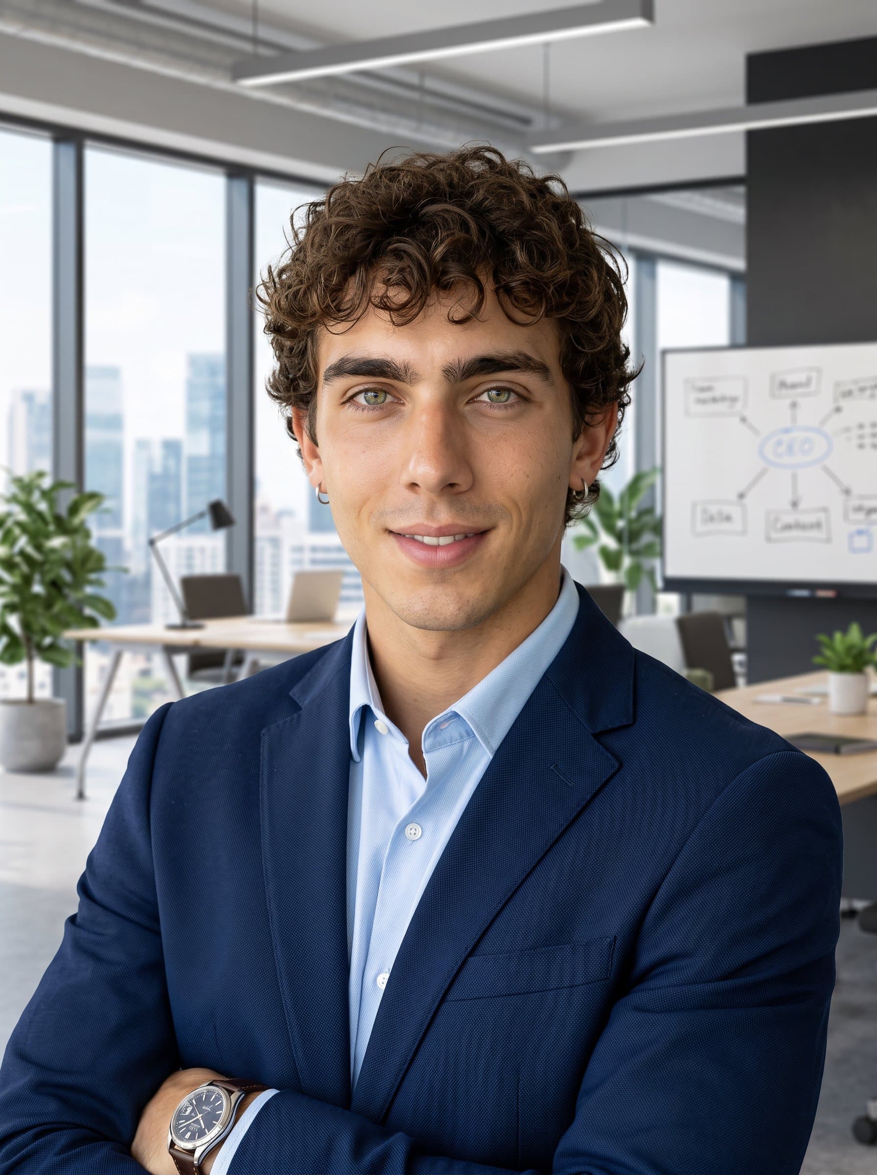 : Render a headshot of a tech consultant, emphasizing a strong, confident gaze, with a contemporary business setting to inspire trust and forward-thinking.