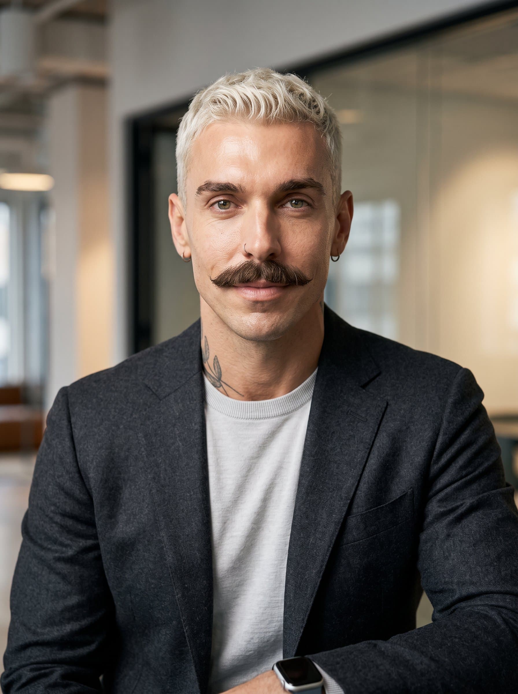 : Generate a photorealistic headshot of a tech innovator with a calm and poised expression, dressed in understated professional attire to project authority and creativity.