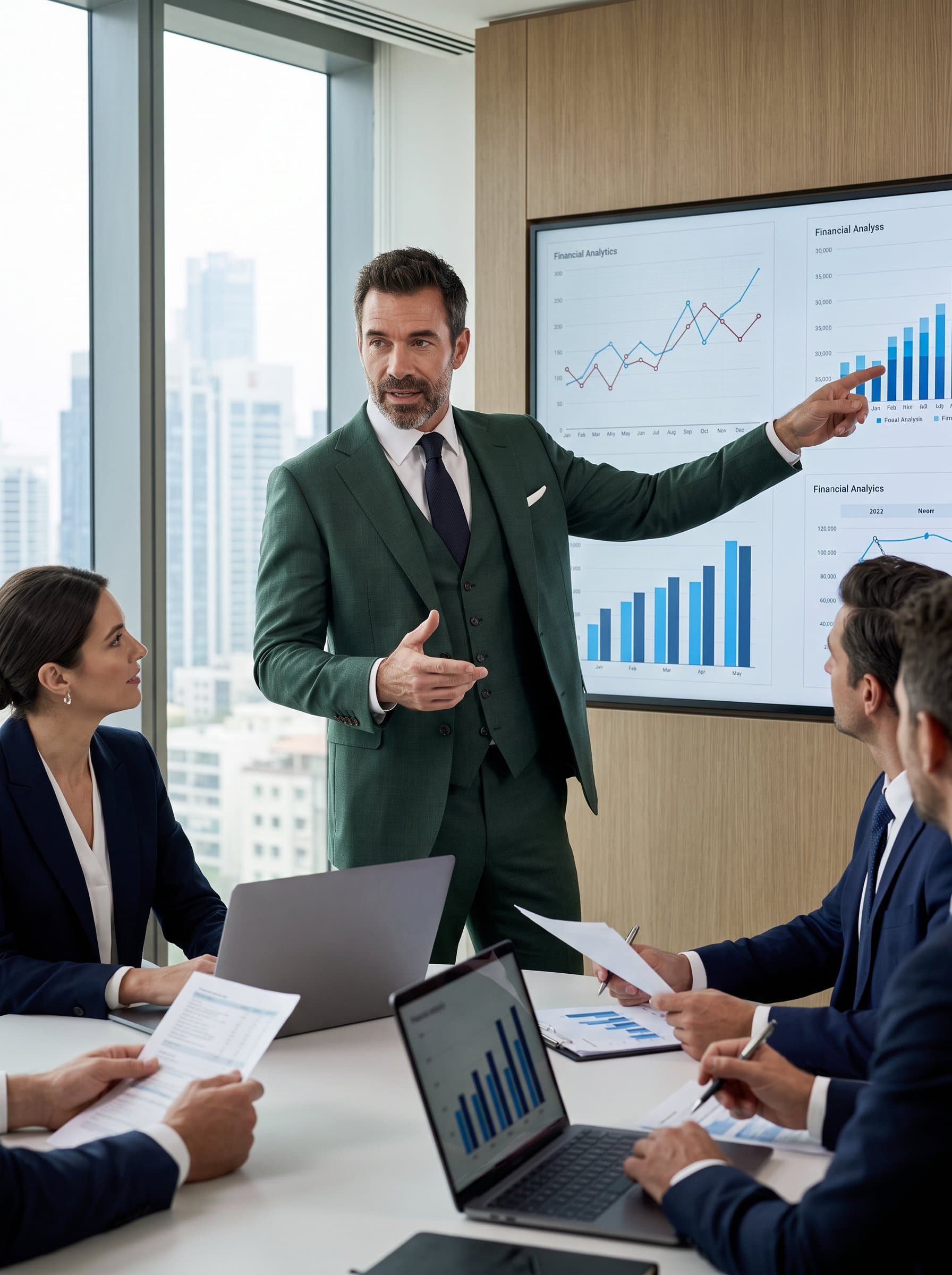 portrayed mid-discussion in a high-end boardroom, wearing a distinguished dark green suit, surrounded by financial graphs, symbolizing command over financial analytics and decision-making.