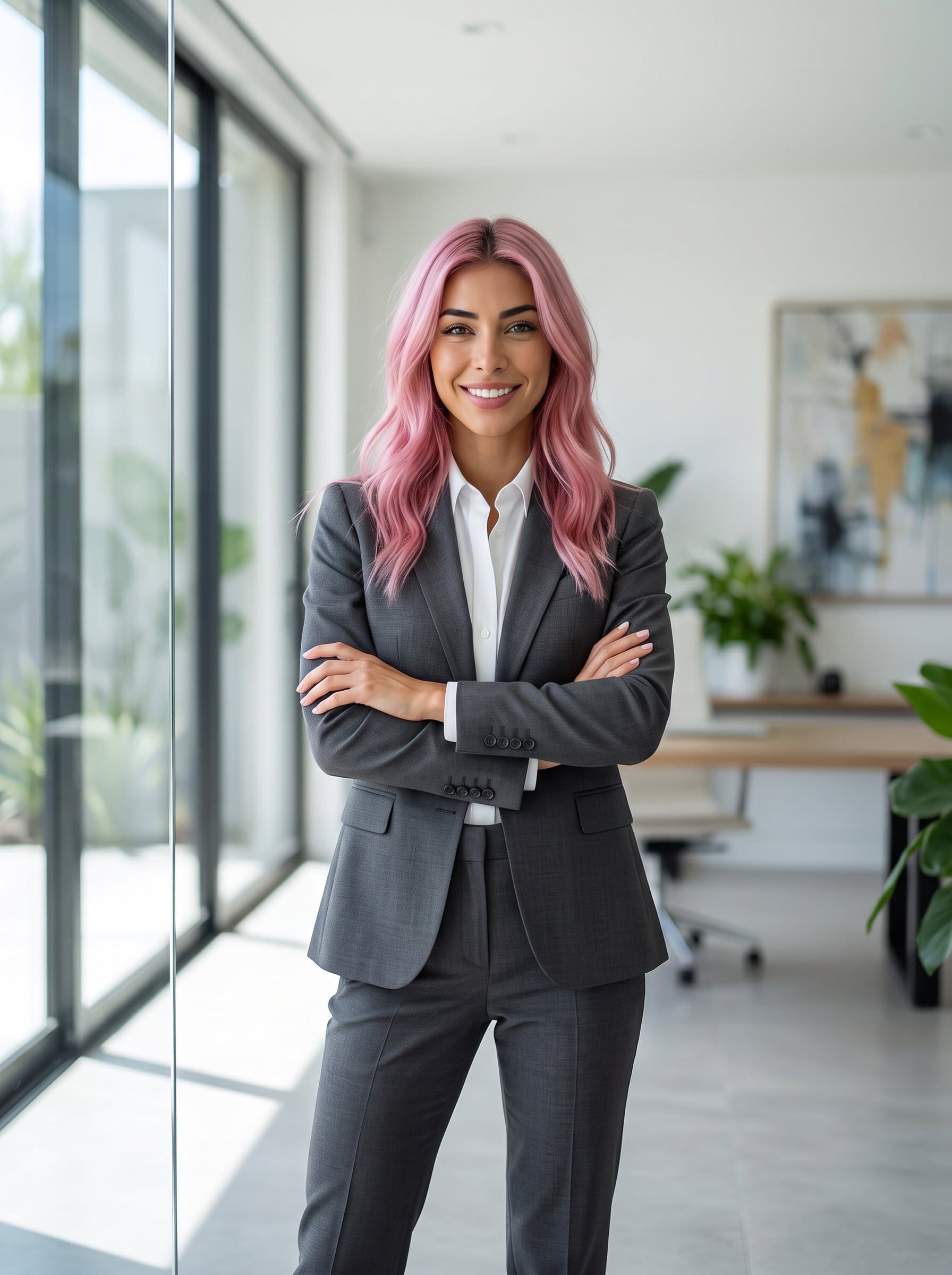 in a well-fitted charcoal suit, smiling confidently with arms crossed, positioned in front of an elegant, minimalist office space, conveying authority and approachability.