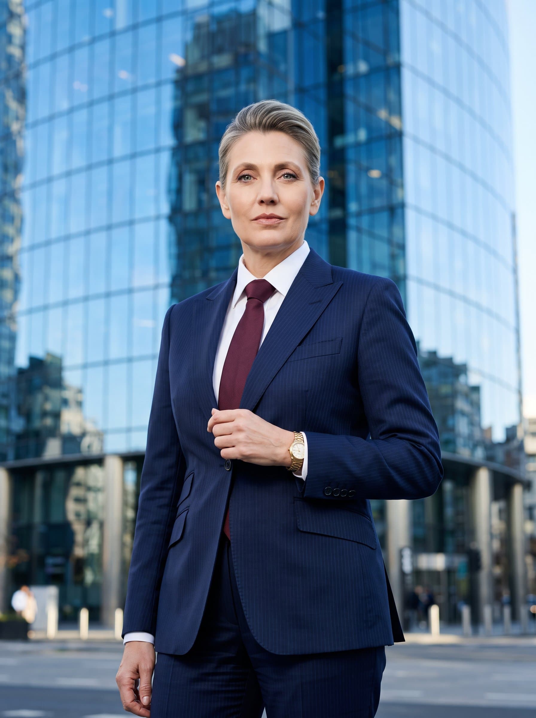 wearing a sharp navy business suit with a subtle pinstripe, standing confidently against a modern glass skyscraper background, capturing the essence of leadership and professionalism in the finance industry.