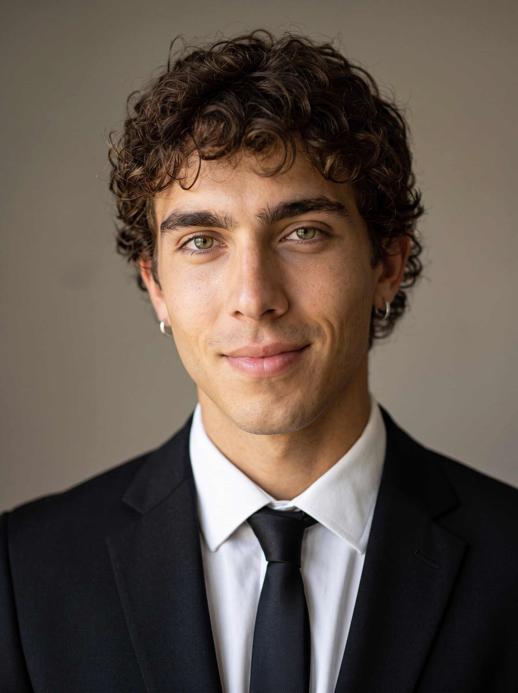 Capture the image of a in a classic black suit, with a hint of a smile, against a softly lit, neutral background, highlighting trustworthiness and approachability.