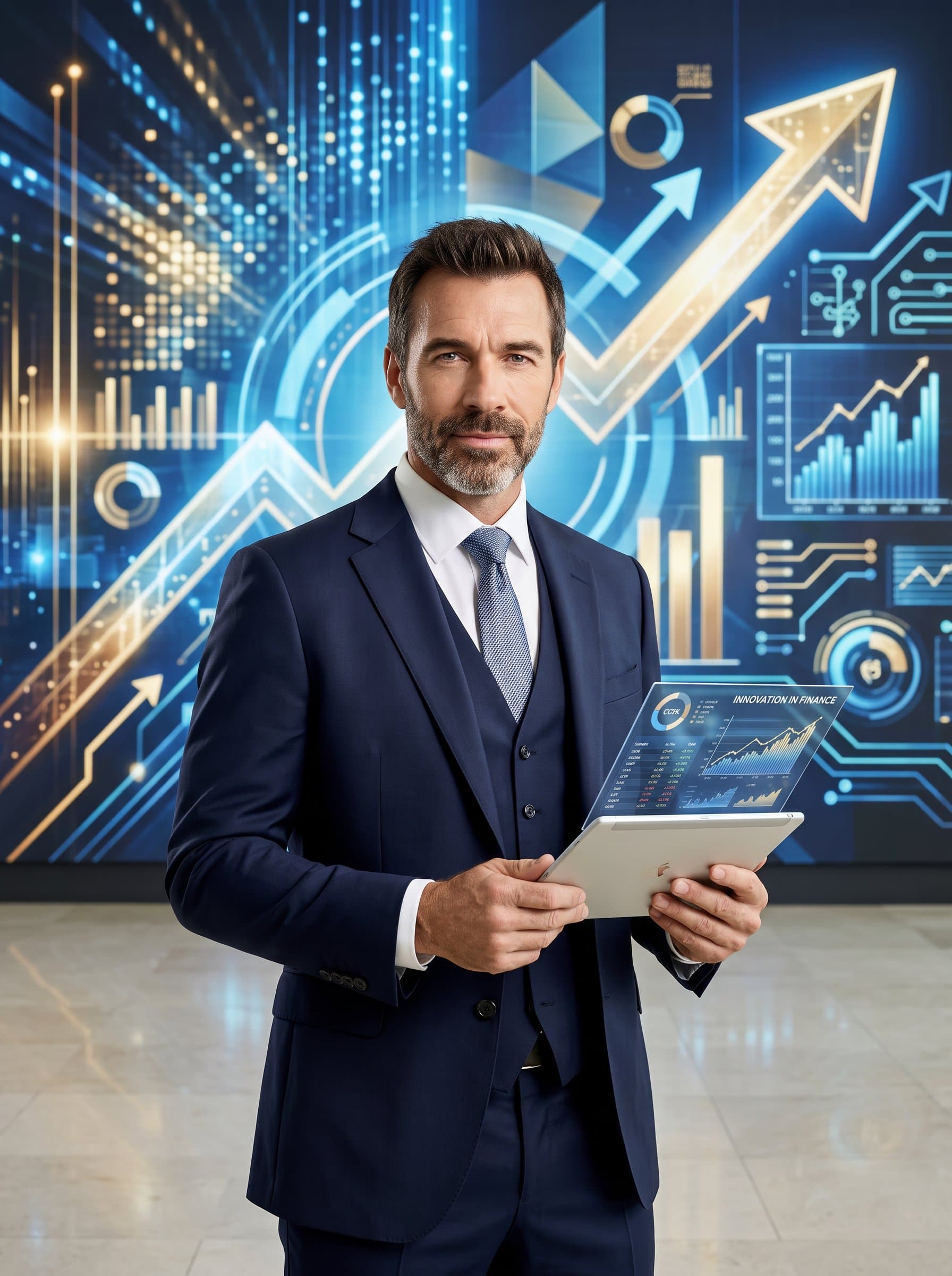 Capture a in a tailored dark suit, holding a tablet, framed by a dynamic, abstract art background, symbolizing innovation and forward-thinking within the finance profession.