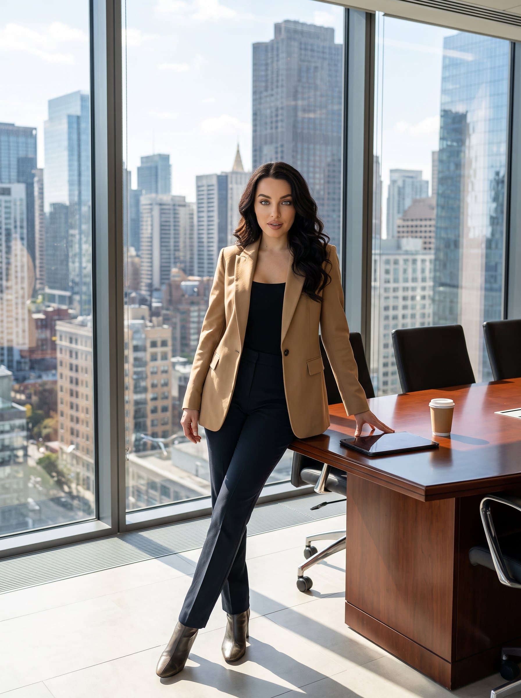 A leaning casually against a sleek conference table, dressed in a stylish tan blazer, with large glass windows revealing a vibrant urban skyline, emitting confidence and modern leadership.