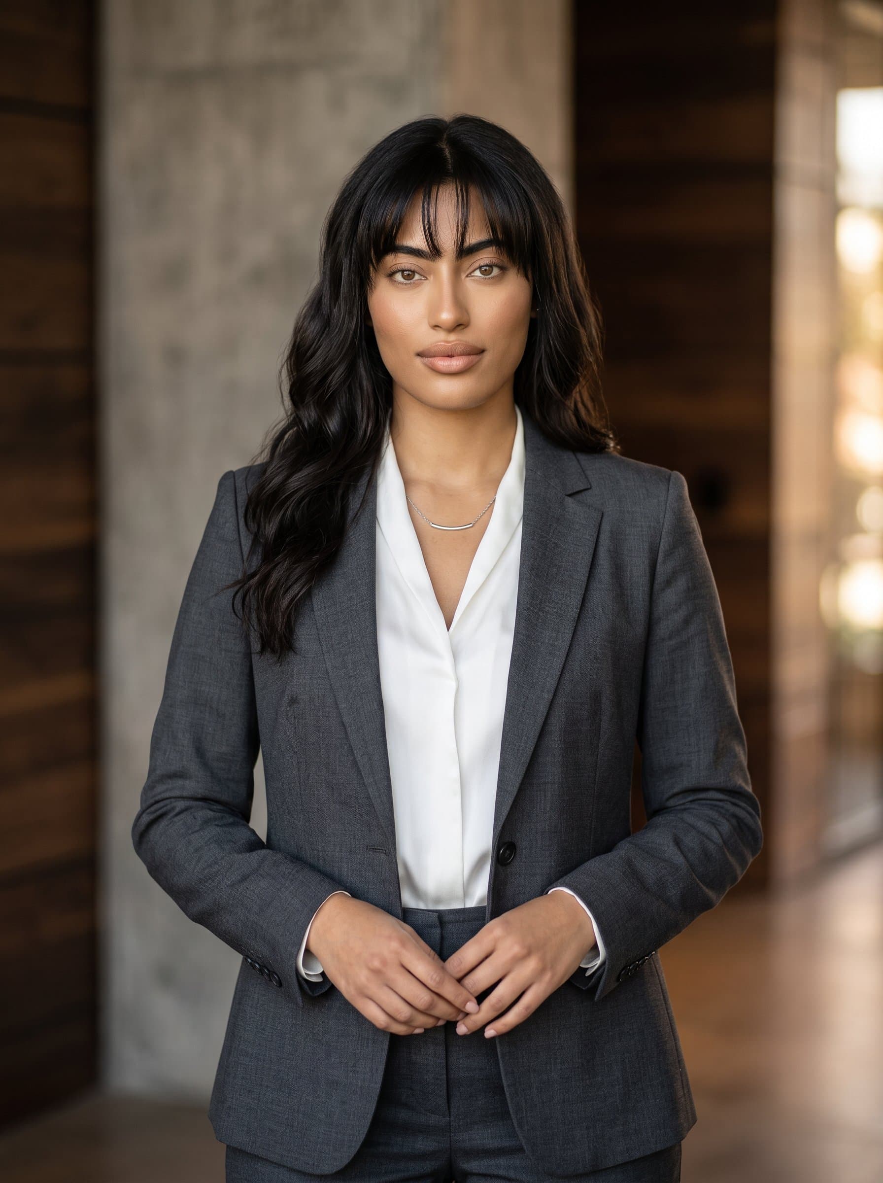dressed in a sleek tailored suit, set against a sophisticated textured background, providing an air of elegance and resilience suitable for a finance executive's headshot.