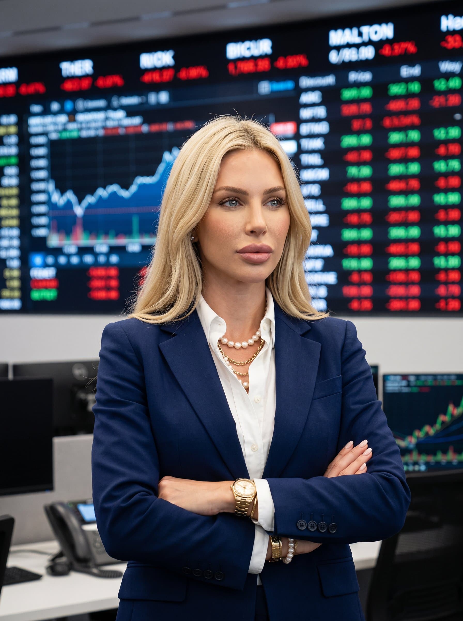 in a professional blue suit, set against a blurred stock market display, embodying focus and precision, suitable for a finance professional's executive portrait.