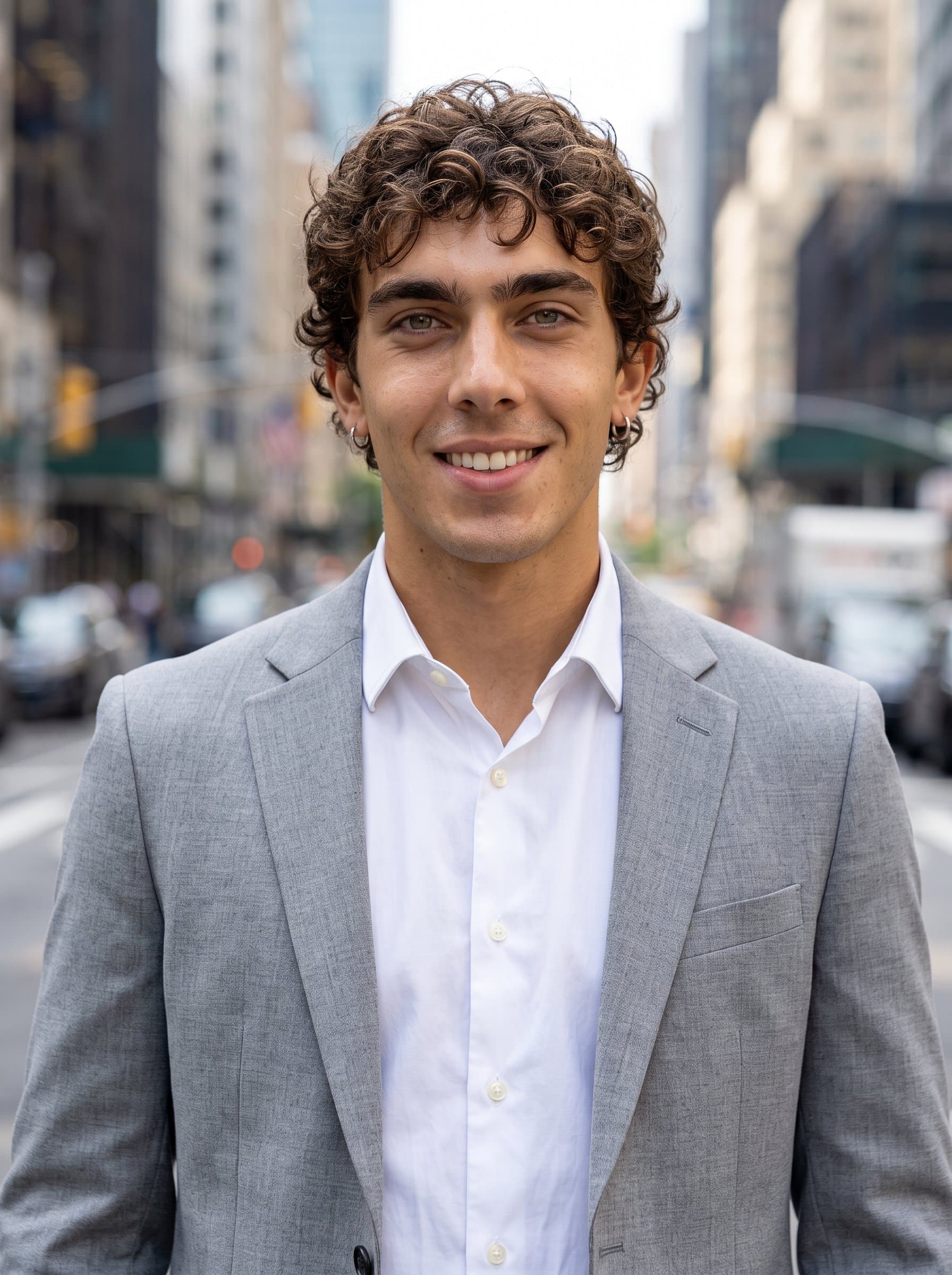 A in a light gray blazer with a crisp white shirt underneath, set against a bustling cityscape, exuding competence and expertise suitable for a financial executive's LinkedIn profile.