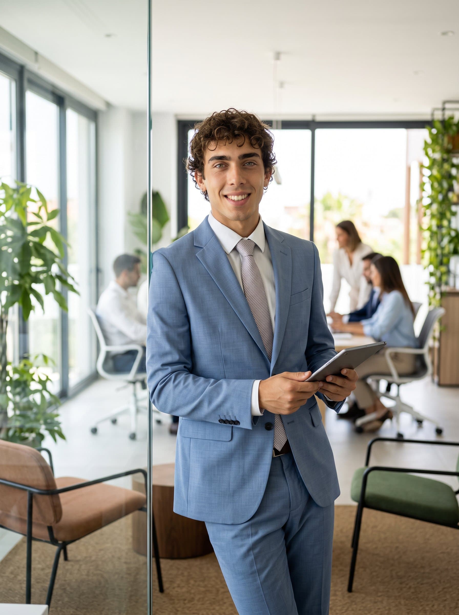 Capture a in a modern open-office setting, wearing a light blue business suit, with natural light enhancing their approachable and strategic demeanor.