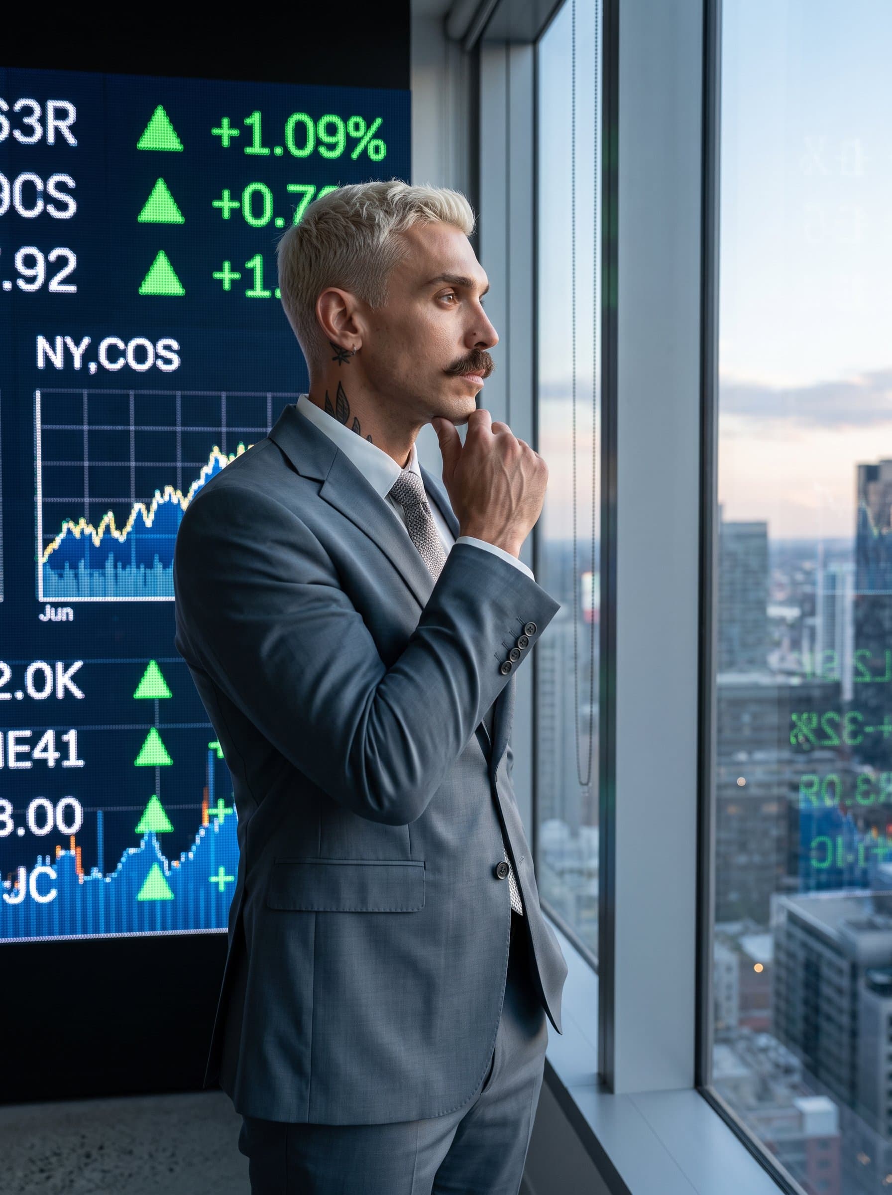 gazes thoughtfully into the distance, wearing a contemporary slate gray suit, with a digital financial chart subtly in the backdrop, illustrating vision and foresight.