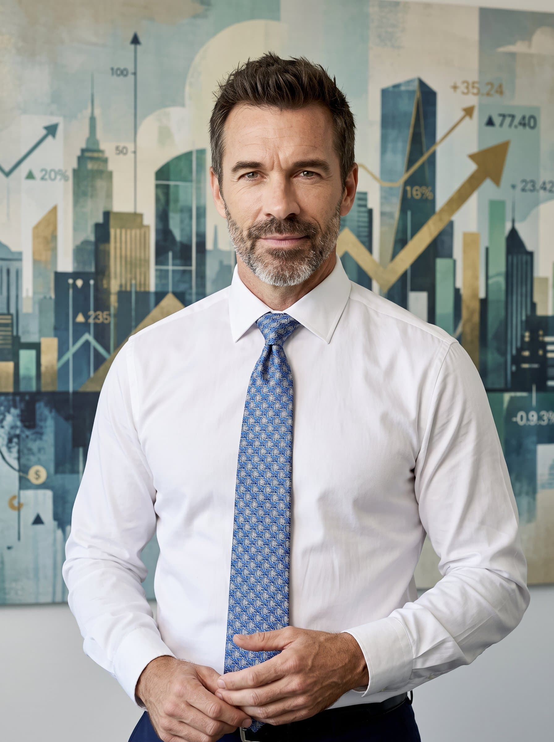 in a formal, crisp white shirt with an elegant tie, shot against an artistic cityscape mural, reflecting creativity and strategic thinking in financial leadership.