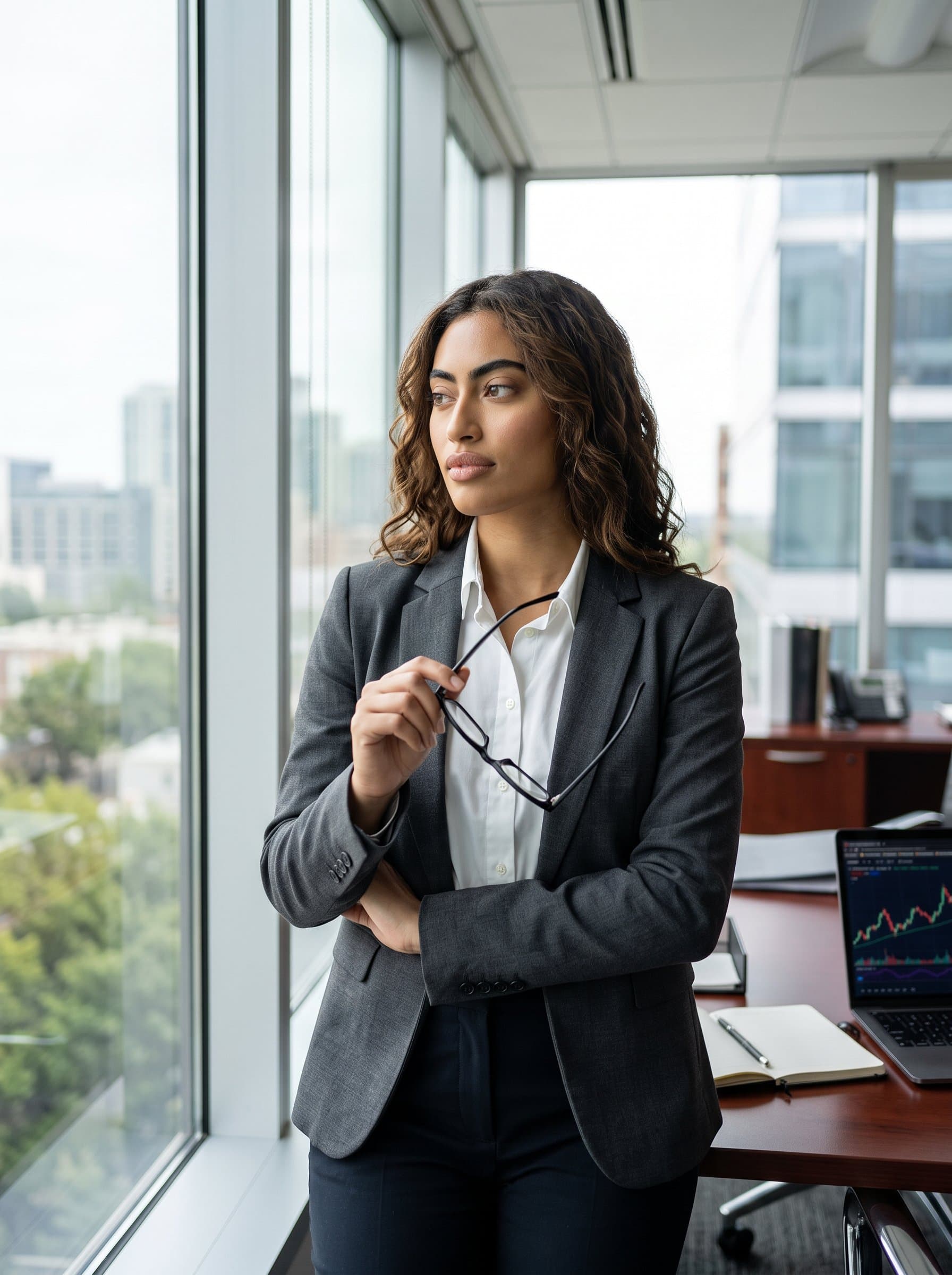 A casually holding a pair of glasses, standing by a large window with soft natural light, clad in formal business attire, demonstrating clarity and insight essential for finance professionals.