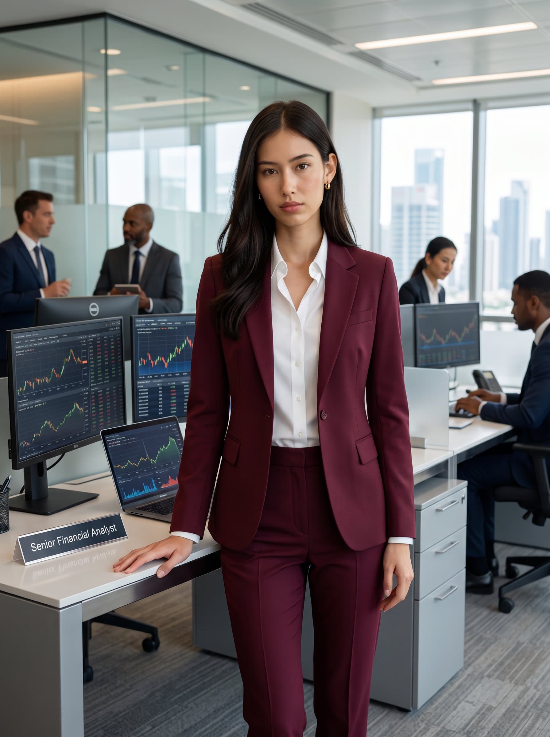 Photograph a confidently standing next to a modern office work station, dressed in a sharp burgundy suit, exuding elegance and professionalism in a finance context.