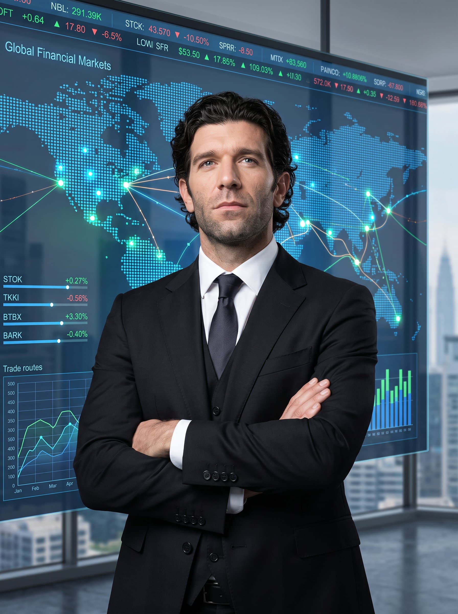 Photograph a against a backdrop of a digital world map, dressed in a polished black suit, signifying global financial expertise and leadership skills.