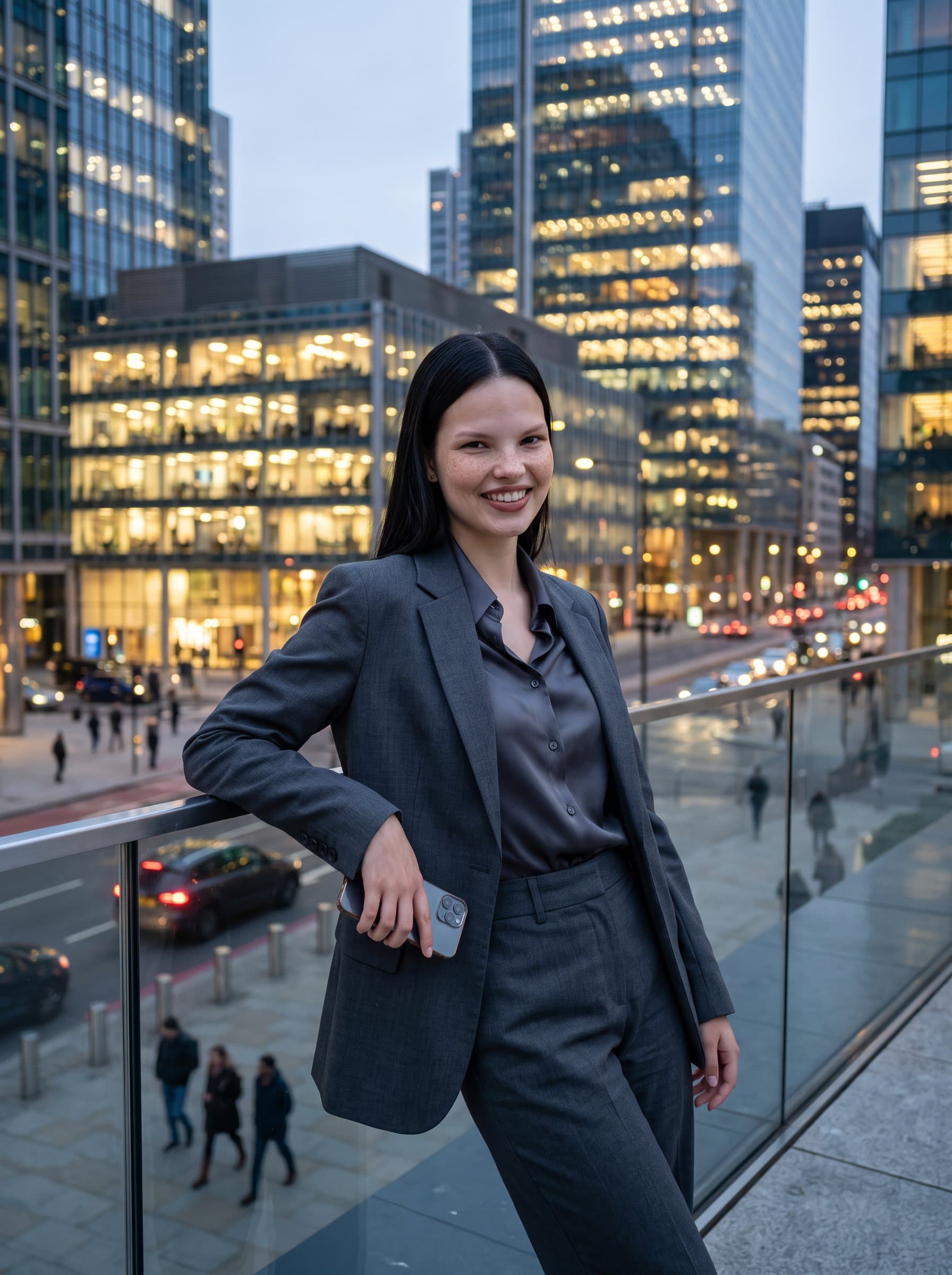 Capture a in a stylish monochrome suit, leaning against a glass railing, with a bustling financial district visible behind, conveying ambition and modernity.