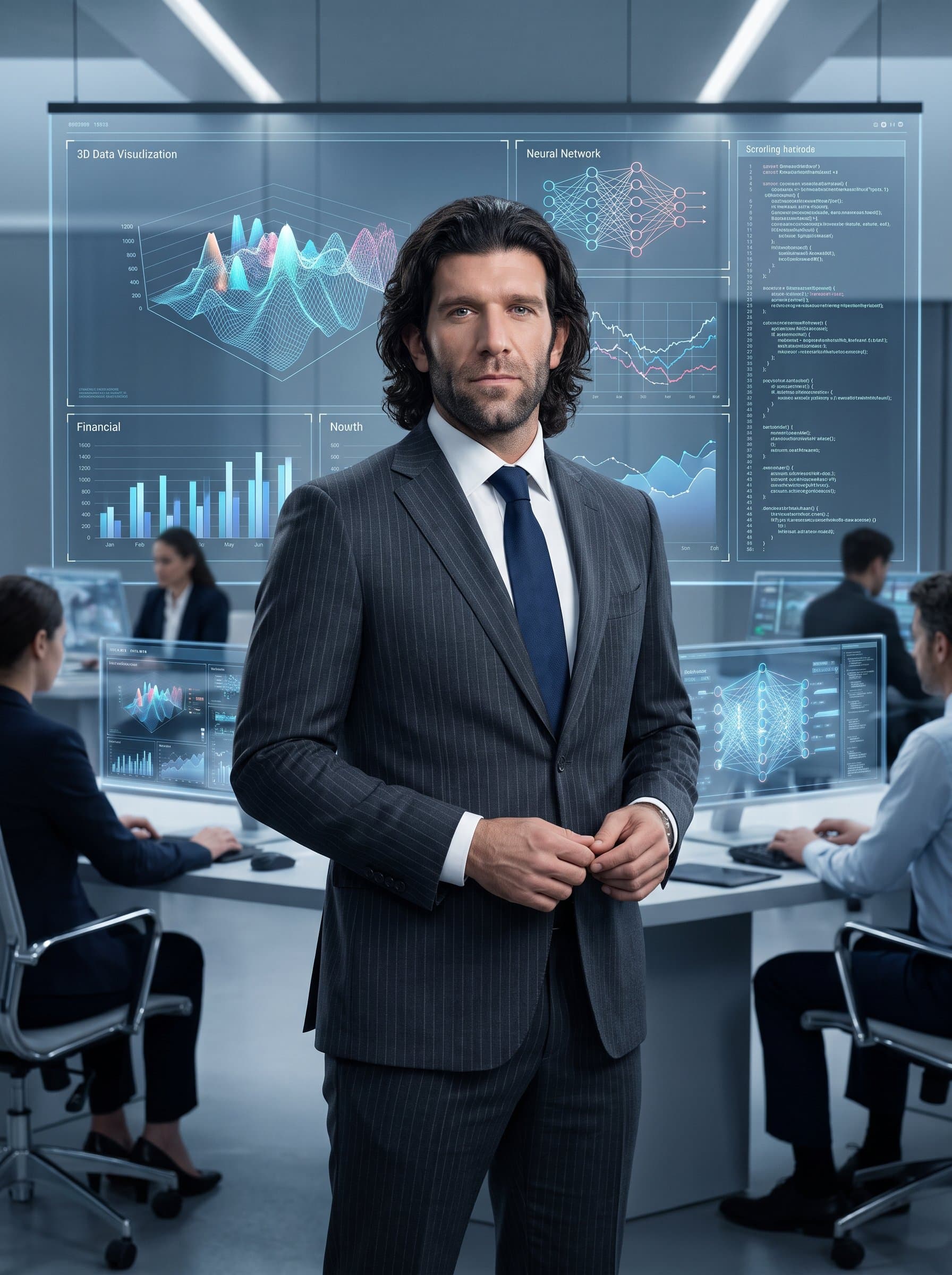A in a pinstriped suit, standing in a high-tech office environment, conveying precision and authority, complemented by interactive digital elements in the background.