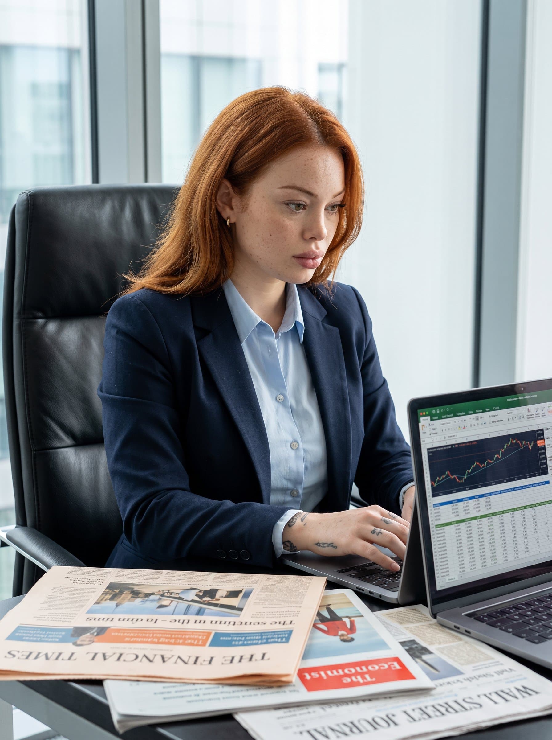 in an executive chair, wearing a classic navy blazer, with an array of financial journals and a laptop, suggesting analytical depth and strategic acumen.