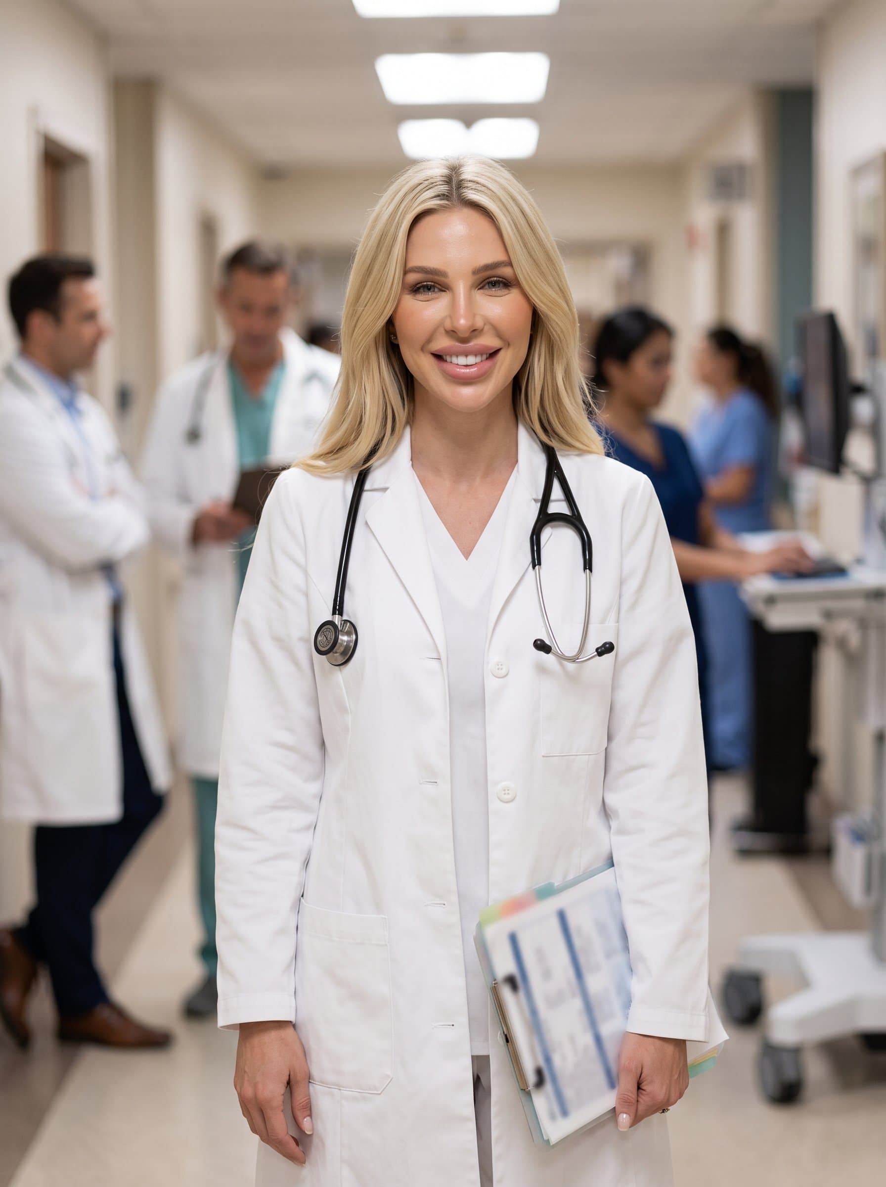 : Capture a healthcare professional with a warm smile, wearing a crisp white lab coat in a hospital hallway. Behind, blurred medical charts hint at their expertise, emphasizing approachability and skill.