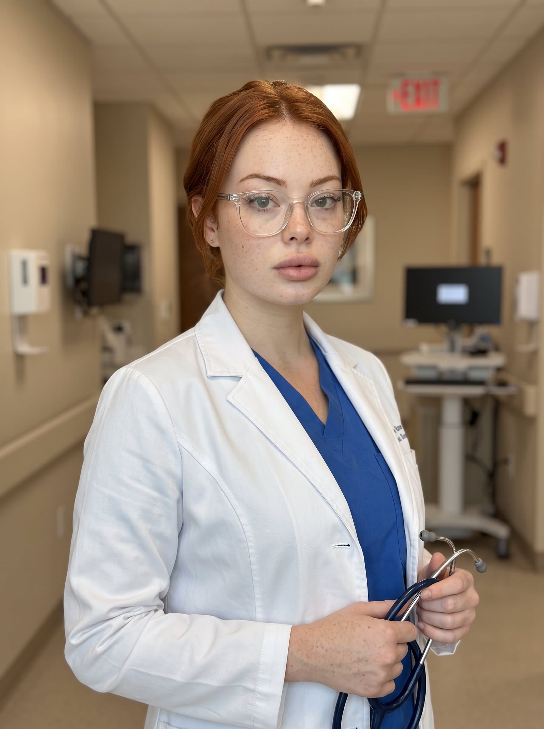 : Portrait of a doctor with glasses, dressed in a neat lab coat, posed against a neutral-toned hospital wall. Their focused expression and subtle background medical equipment highlight their professionalism.