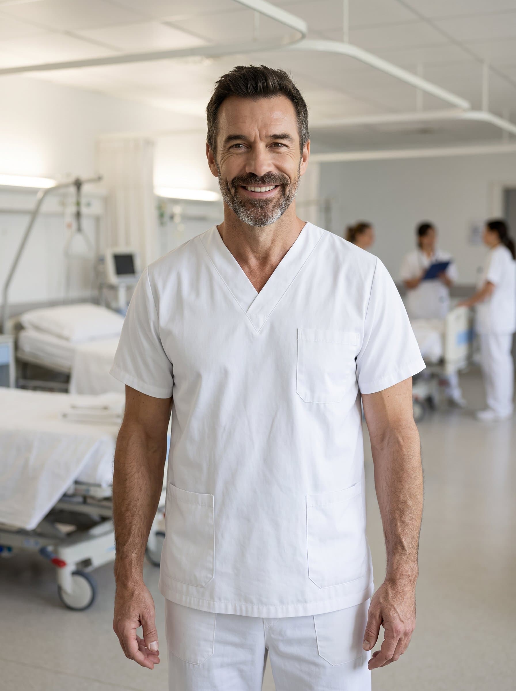 : Capture a healthcare provider in traditional white scrubs, standing amid softly blurred hospital beds. Their welcoming smile and attentive posture emphasize trust and care.