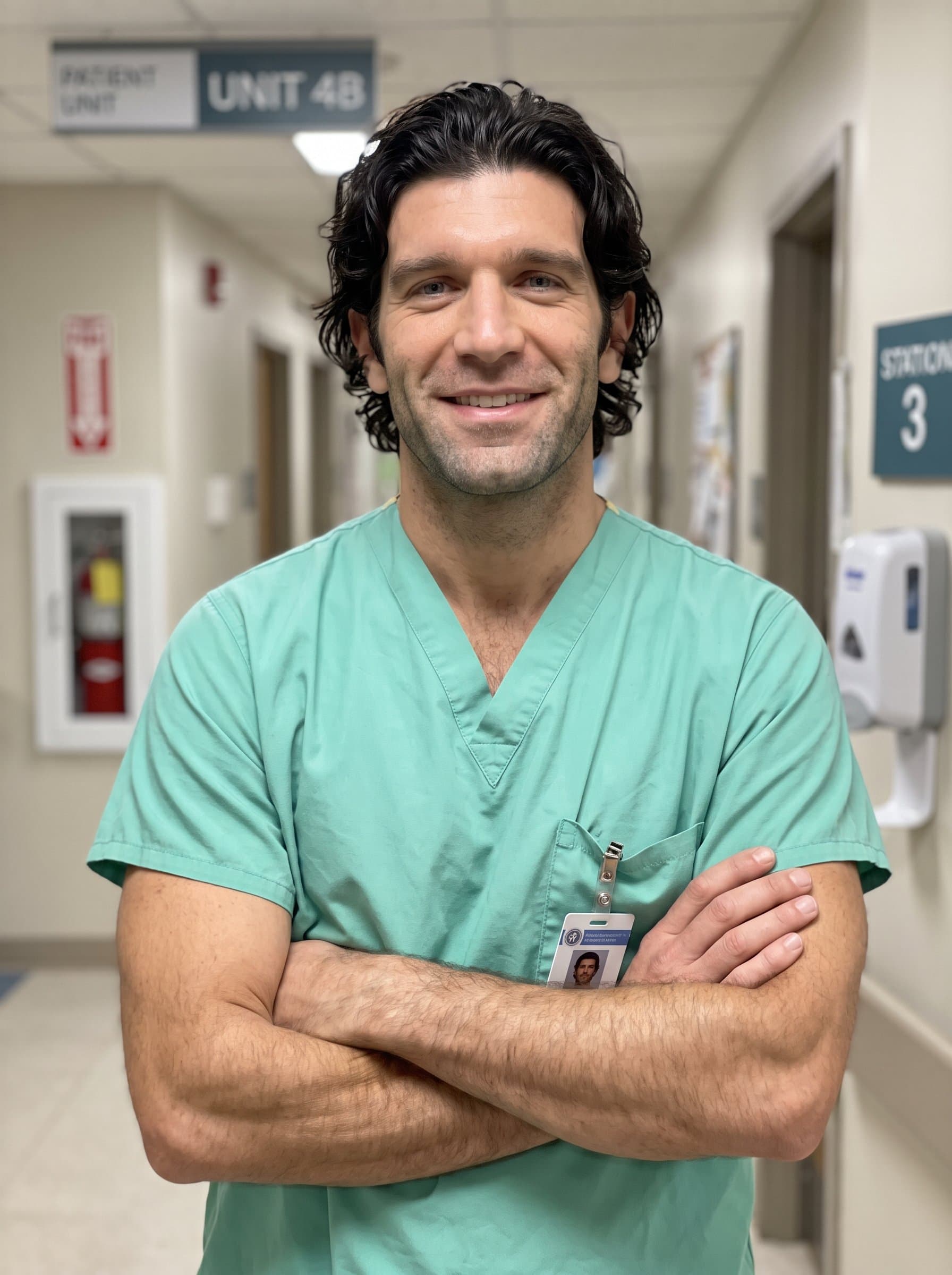 : Snap a friendly healthcare worker in mint green scrubs, their arms crossed in reassurance. A soft-focus background of a hospital corridor with patient signage subtly frames the scene.
