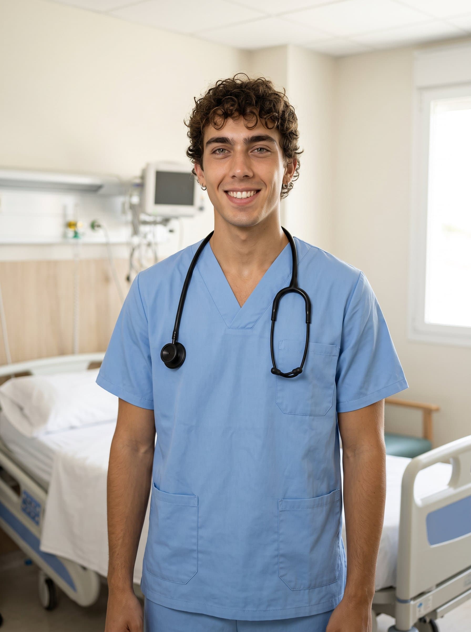 : Photograph a nurse in light blue scrubs, standing confidently in a softly lit hospital room. The stethoscope around their neck and gentle demeanor convey trust and competence.