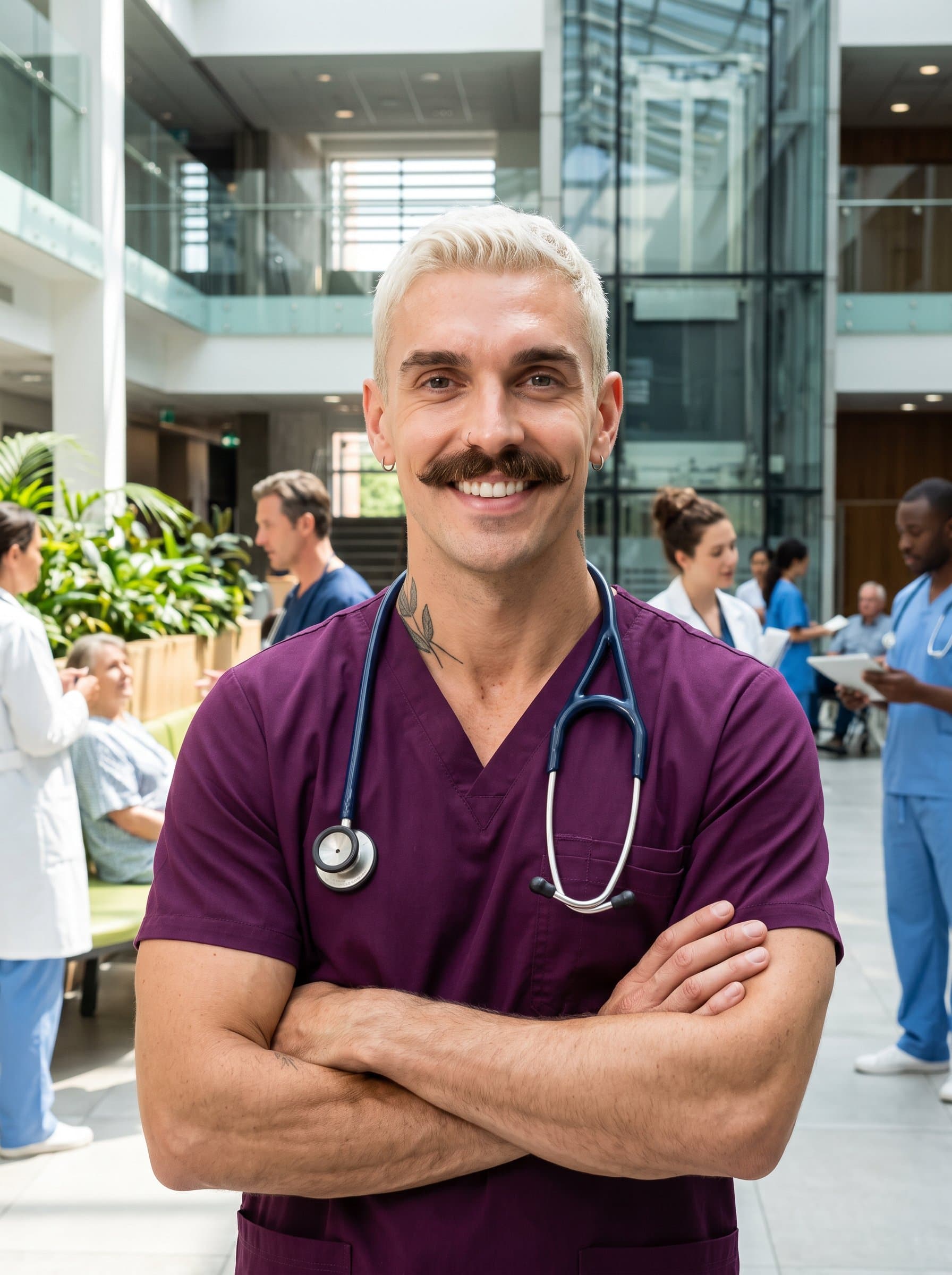 : Portray a resident doctor in dark purple scrubs, posed in a well-lit hospital atrium. Their confident stance and friendly gaze convey expertise and approachability.