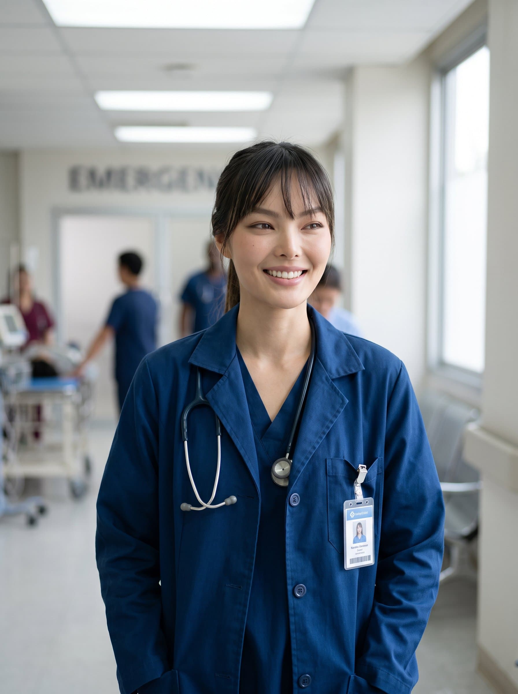 : Picture a healthcare practitioner with a caring smile, in a deep blue lab coat. The subtle outline of a hospital sign in the background emphasizes their professional environment.