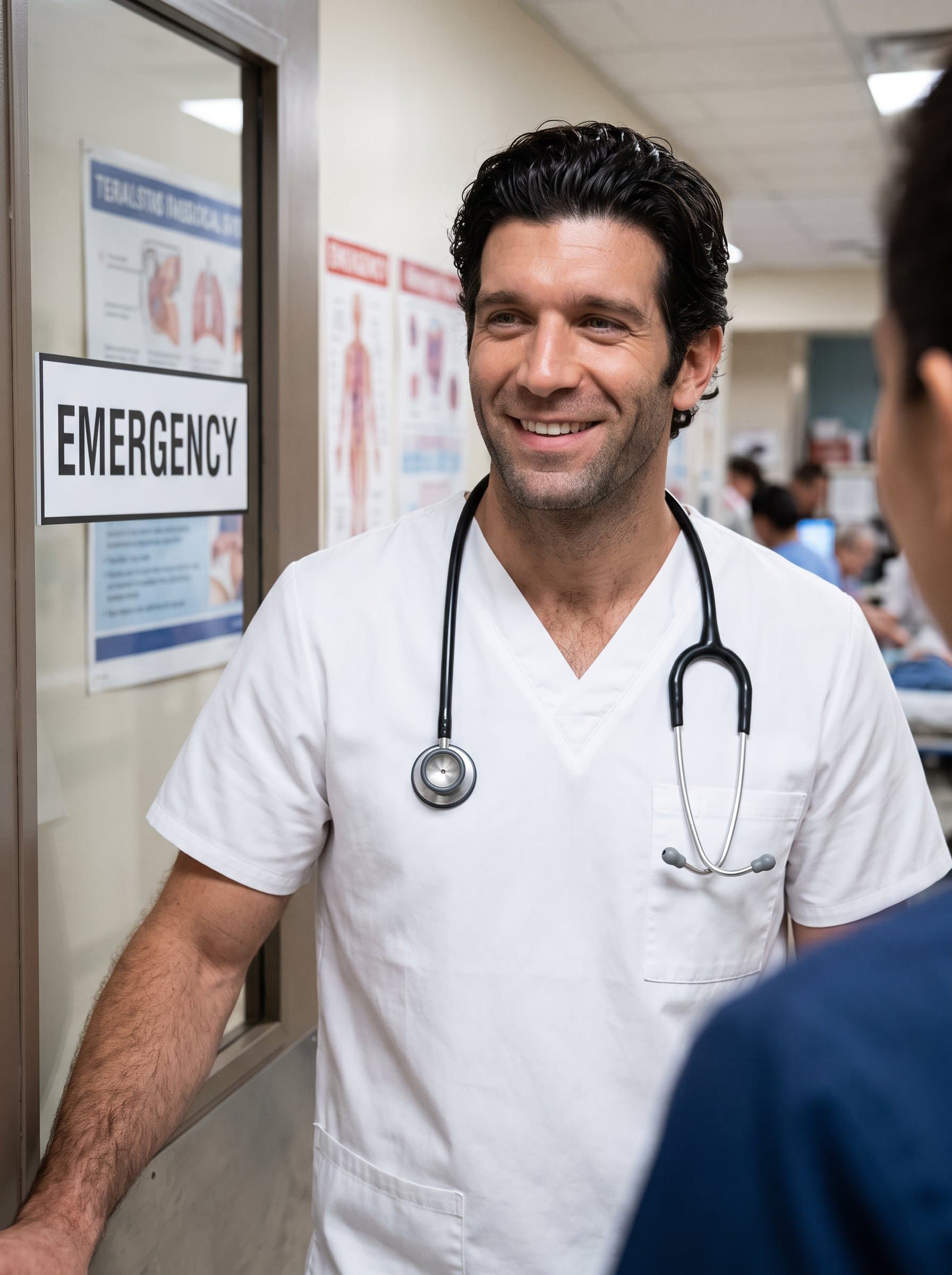 : Photograph an empathetic nurse in clean white attire, standing near an emergency room door. The soft blur of medical posters behind emphasizes their role and readiness.