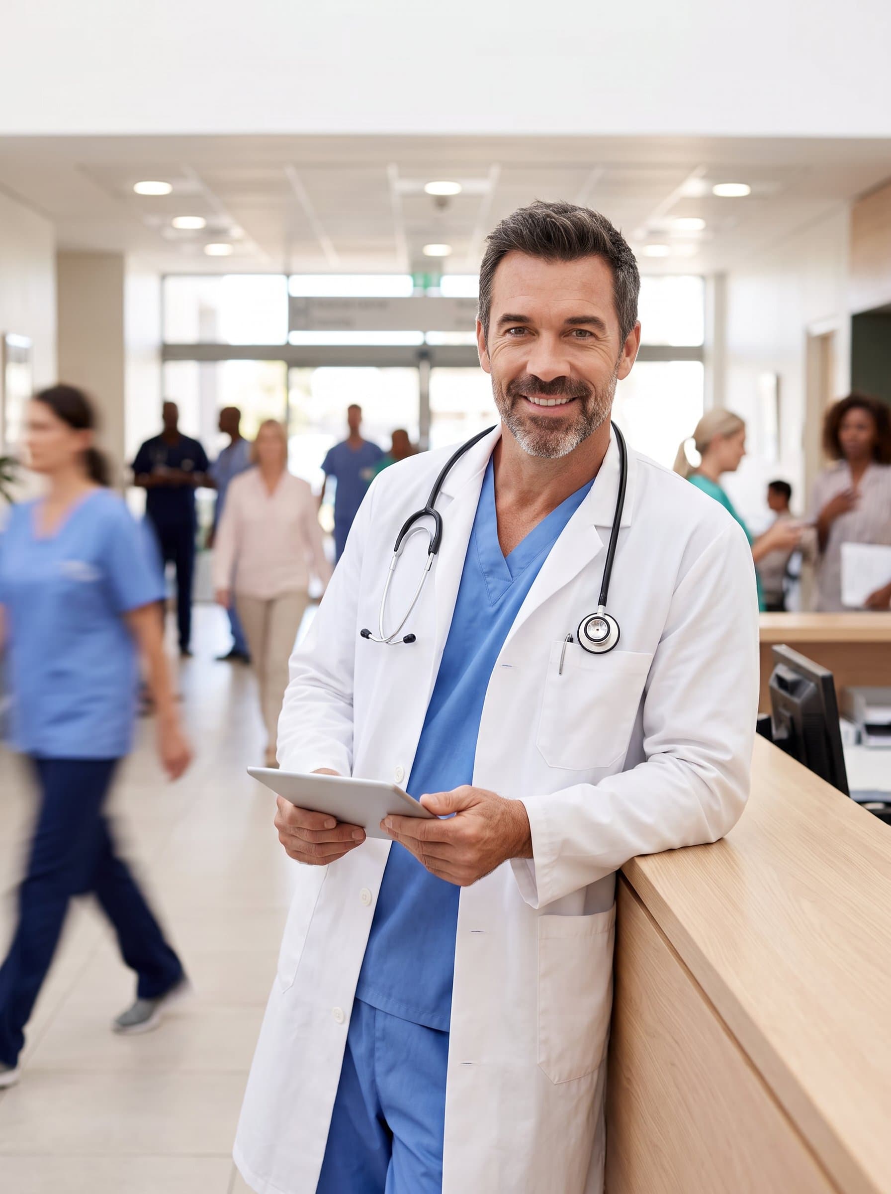 : Image of a practitioner with a stethoscope, leaning slightly against a hospital reception desk. The blurred bustle behind them adds context to their approachable professionalism.